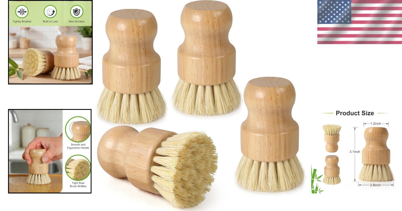 4 Pack Bamboo Dish Brush Set, Natural Kitchen Scrub Brush with Sisal Bristles, W