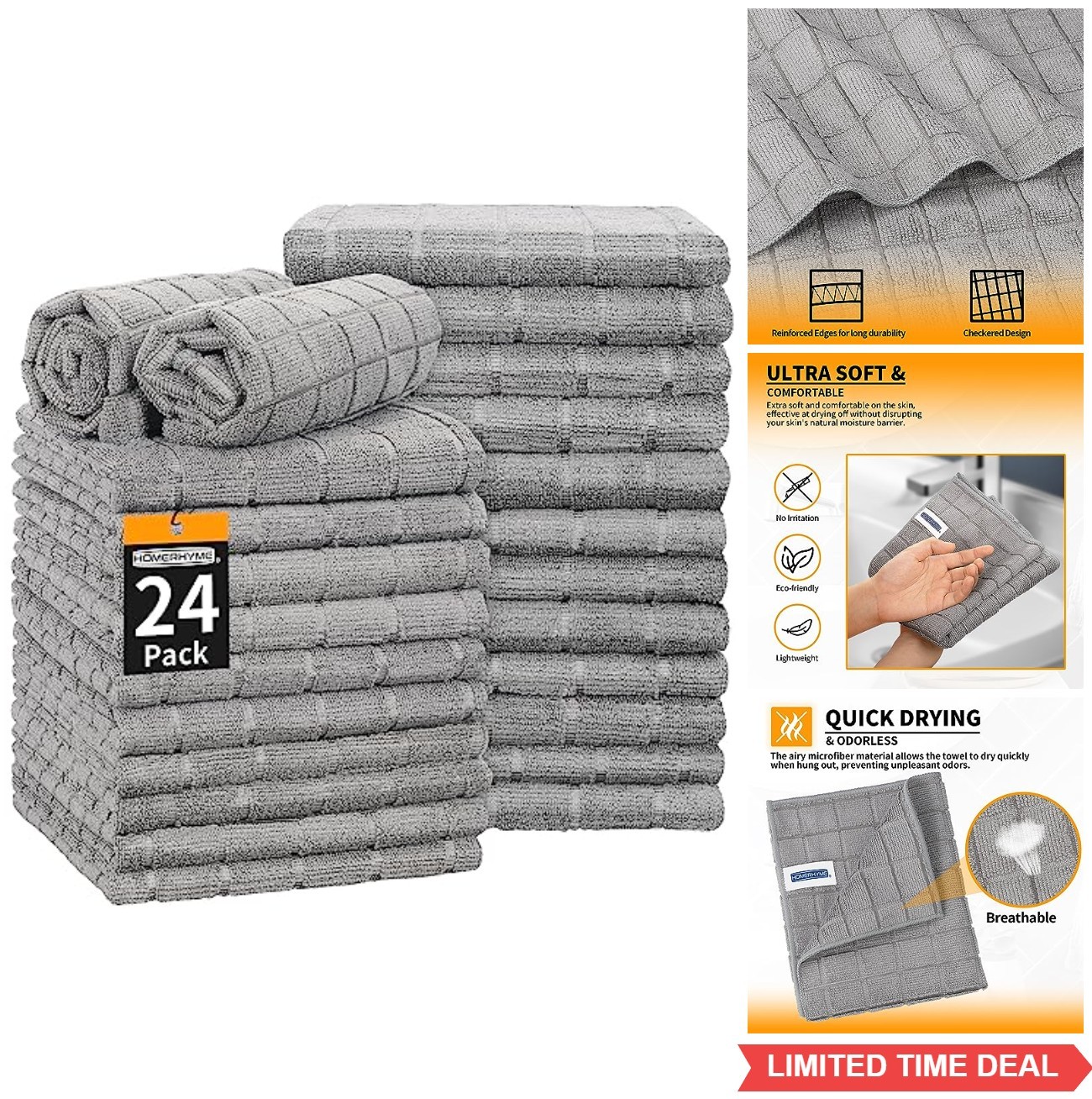 Microfiber Hand Towels 24 Pack Grey 25×15 Inch Quick Dry Lint Free Soft