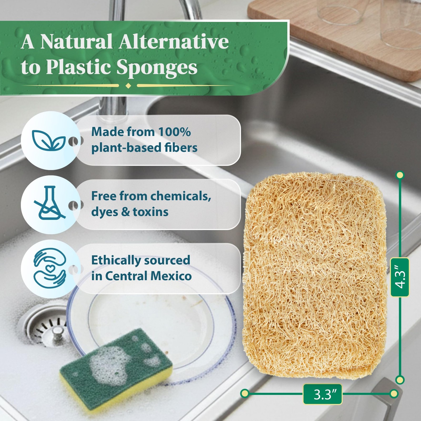 Natural Loofah Kitchen Sponge (3 Pack) – 3 Count (Pack of 1),