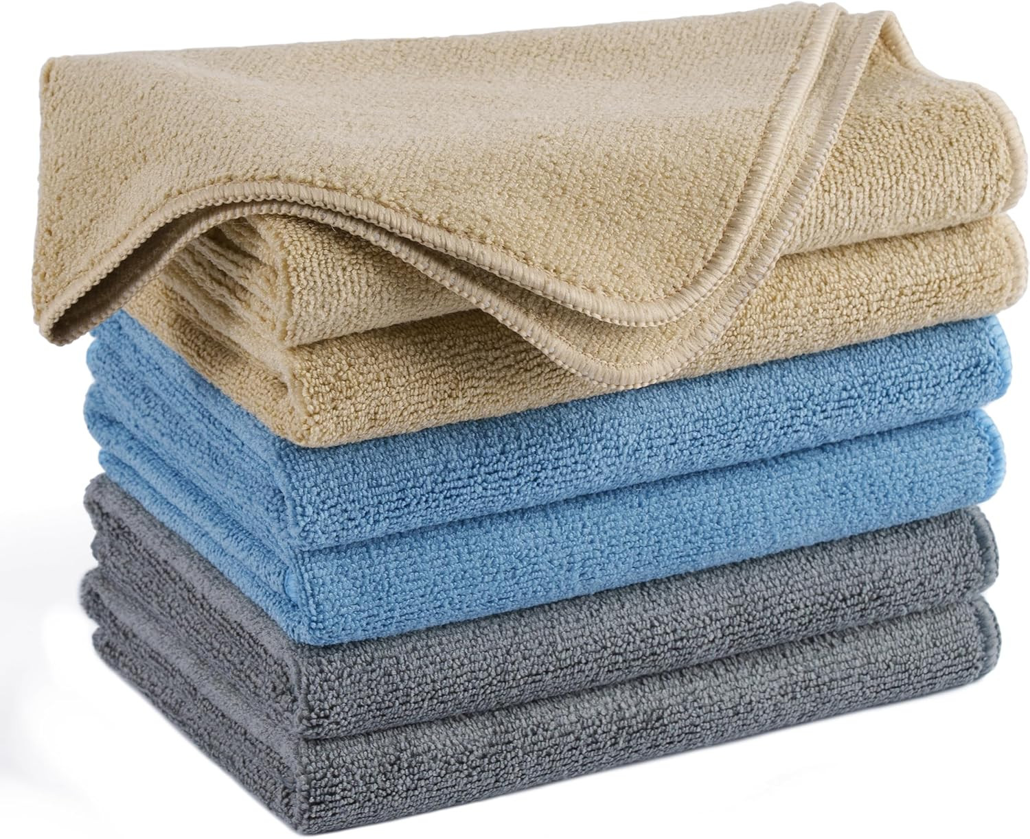 POLYTE Microfiber Cleaning Towel (16X24, 6 Pack, Professional, Blue,Camel,Gray)