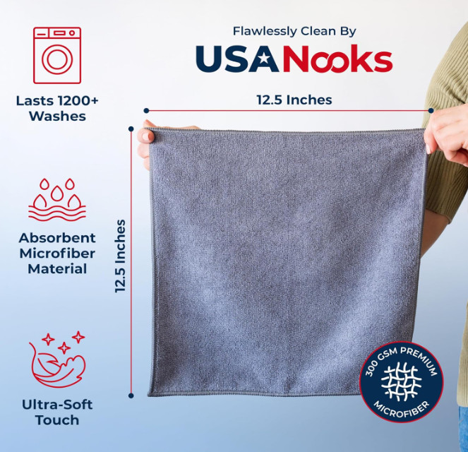USANOOKS Microfiber Cloths – Grey 12.5×12.5″ – 1200 Washes – Ultra Absorbent