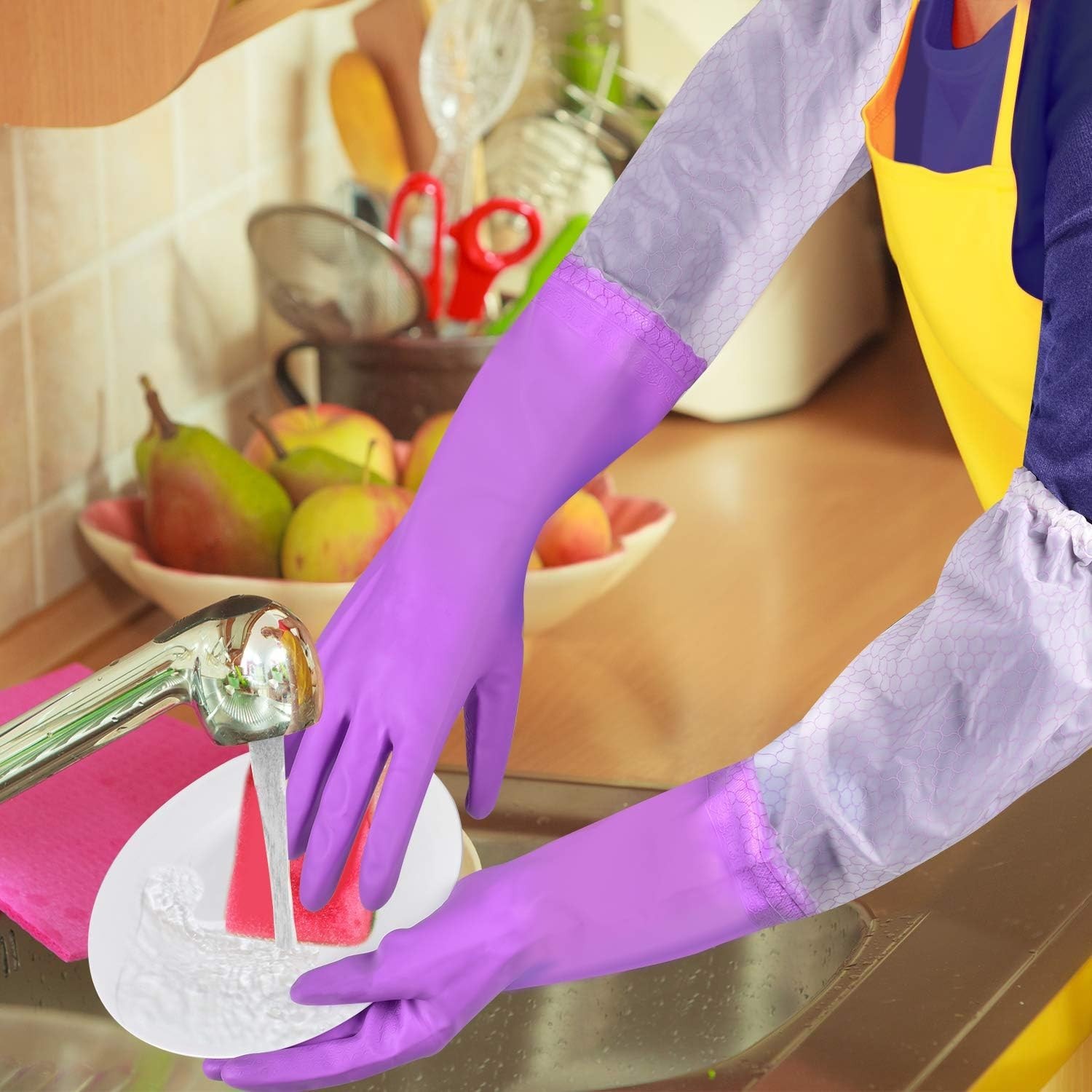 Diswashing Gloves Reusable Cleaning Kitchen Gloves Pairs Purple + Blue Medium