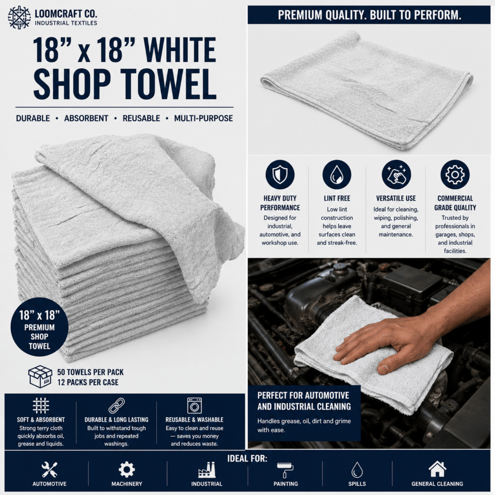 18×18 White Shop Towel Heavyweight Commercial Mechanic Garage Cleaning Rag
