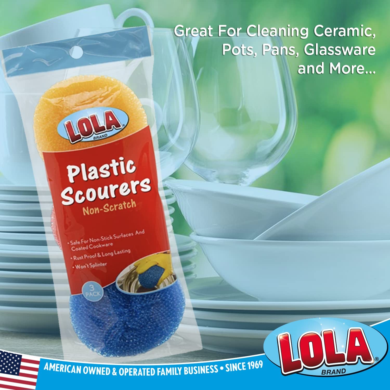 LOLA Plastic Mesh Scouring Pads – 3 Pack, 3.375″ x 3 Assorted Colors