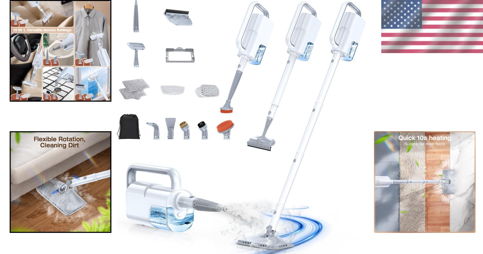 Effortless 10-in-1 Steam Mop with Detachable Handheld Cleaner for All Surfaces