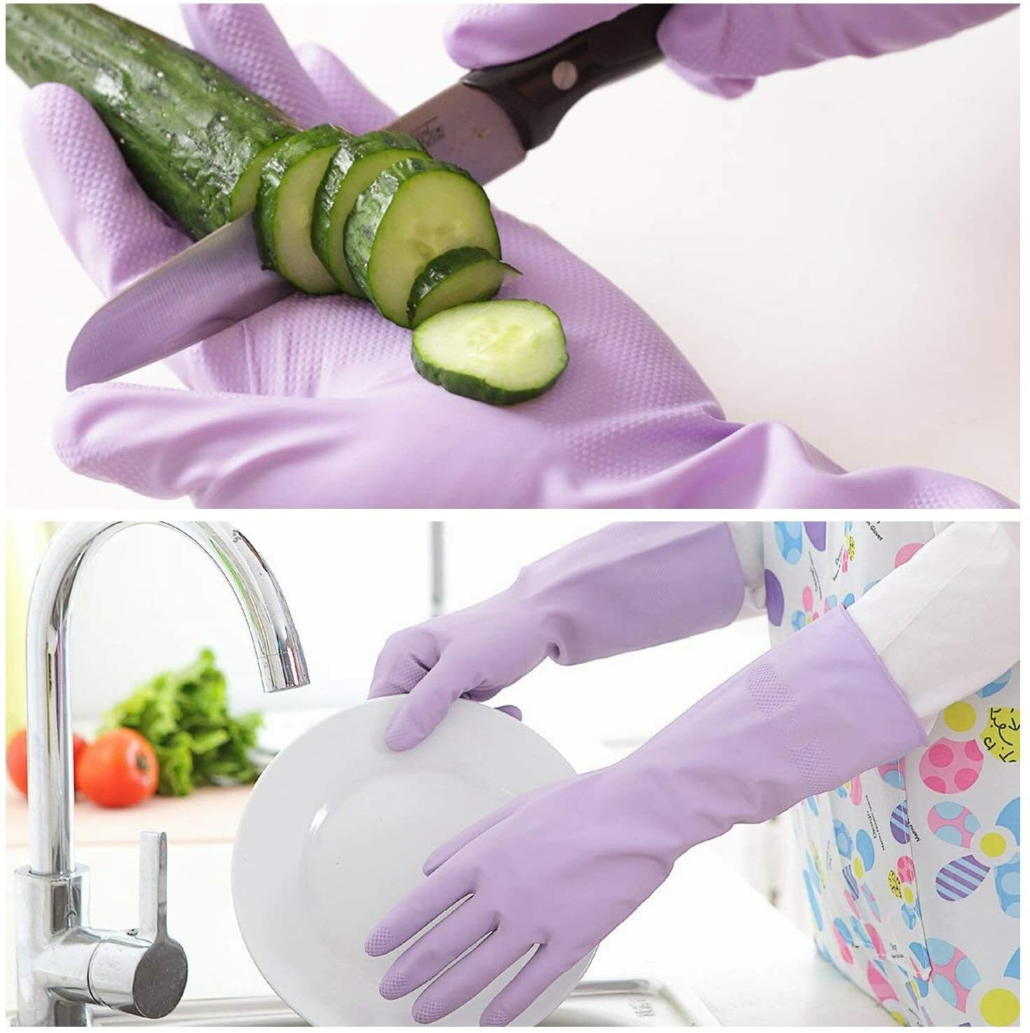 2 Pairs Household Rubber Gloves for Cleaning Dishwashing Gloves Purple Pink M