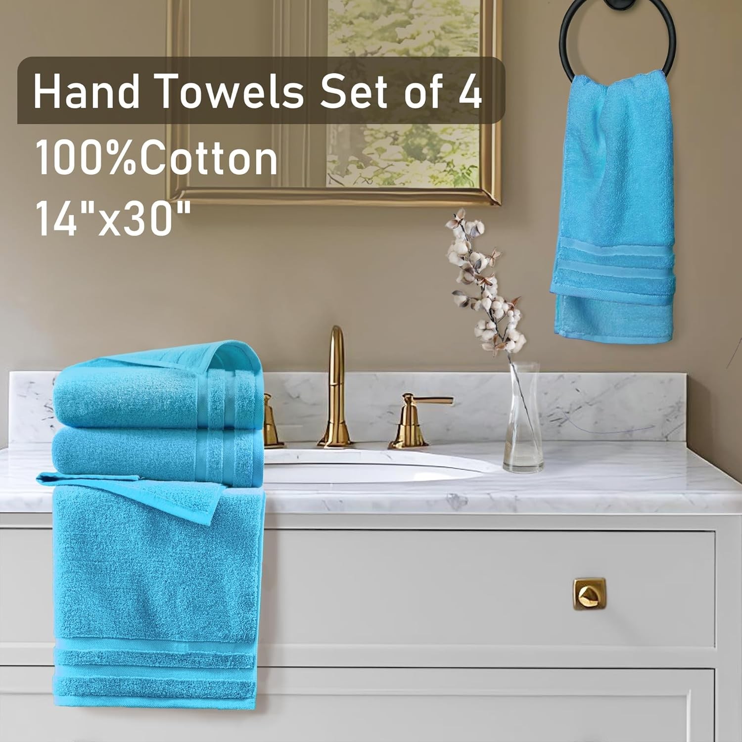 Turquoise Hand Towels, Bathroom Hand Towels Set of 4 ,14″x30″ – 100% Cotton |