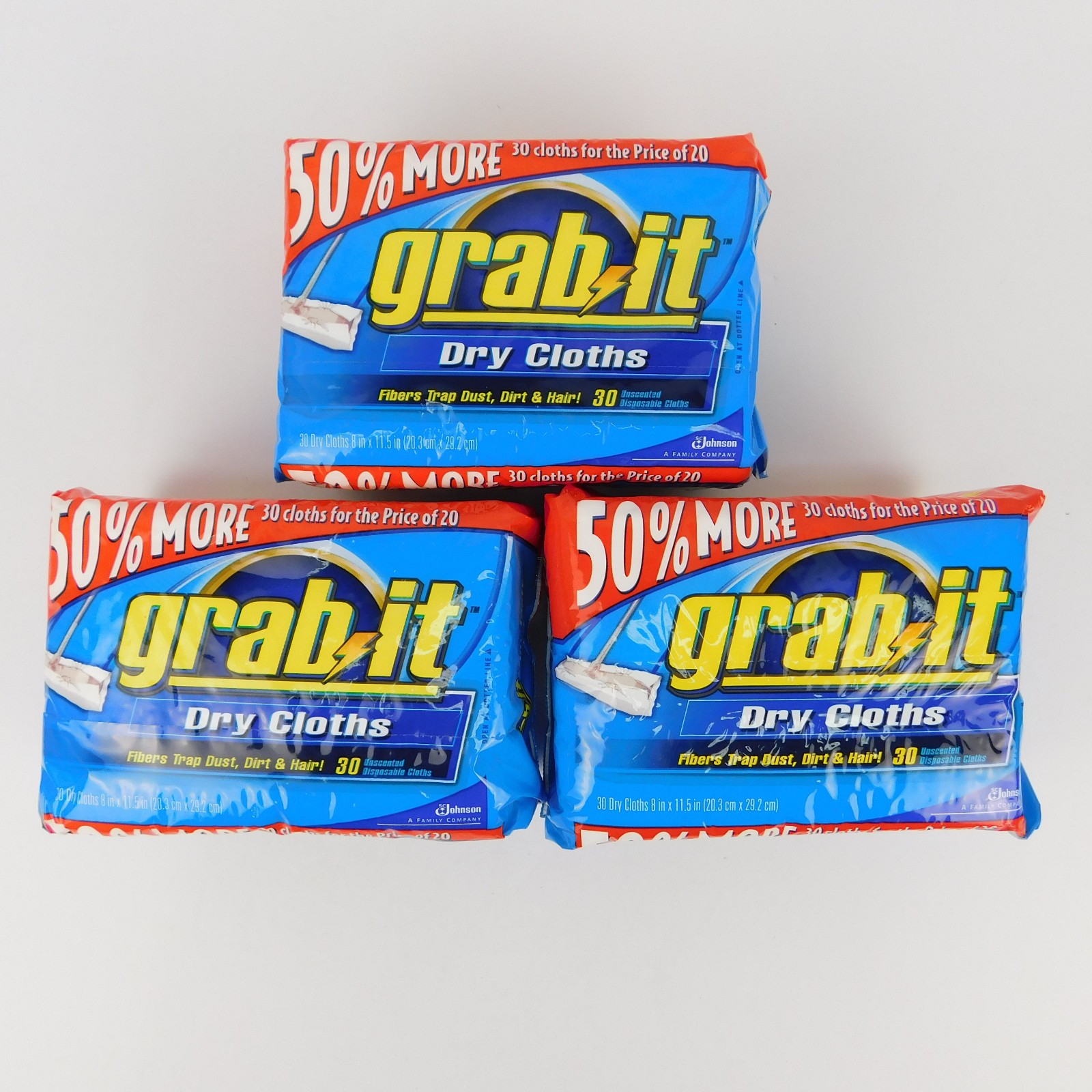 3 Pks. Johnson GRAB IT Dry Disposable 30 Unscented Dusting Cloths fits Swiffer