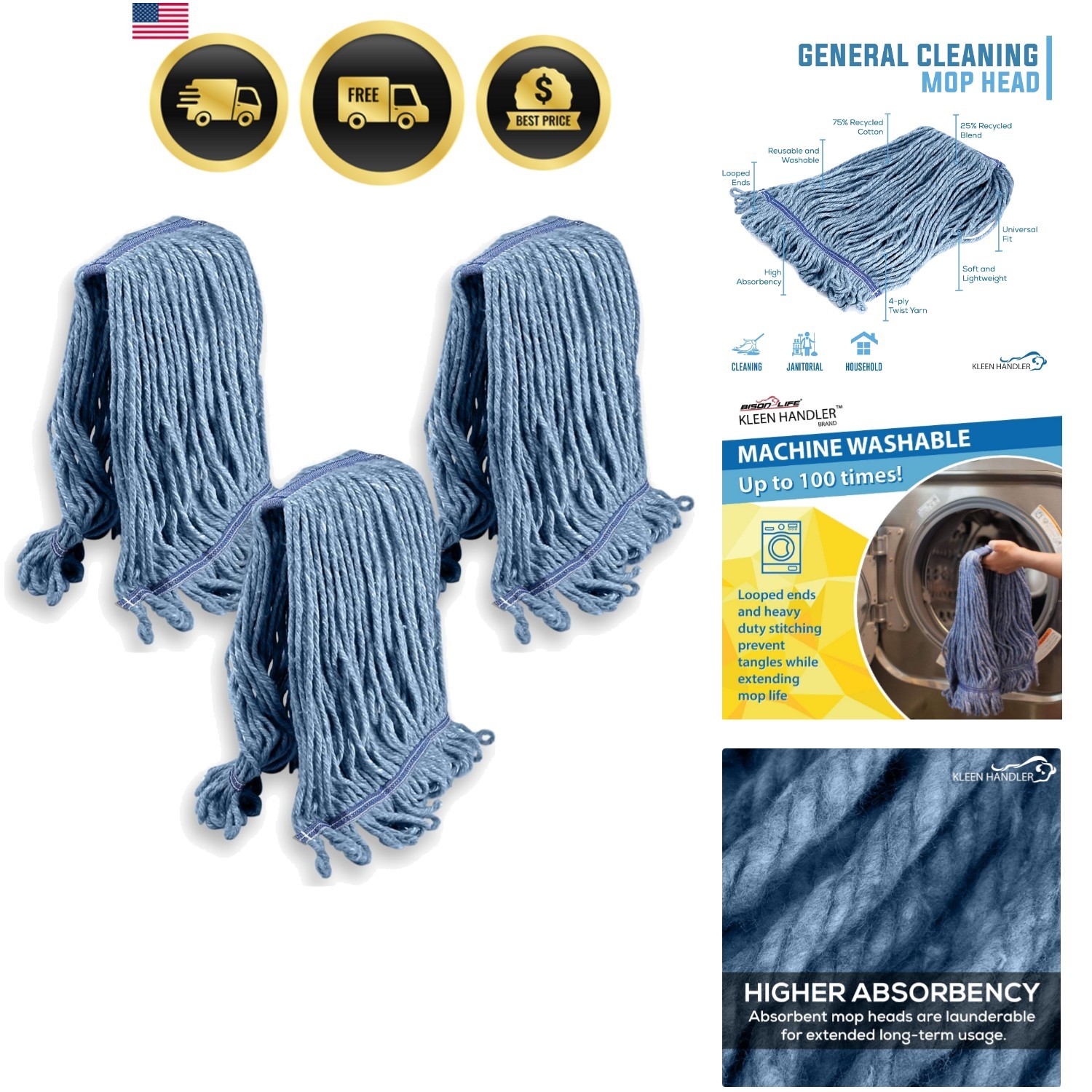 General Cleaning Mop Heavy Duty Commercial Replacement, Wet Industrial Blue C…