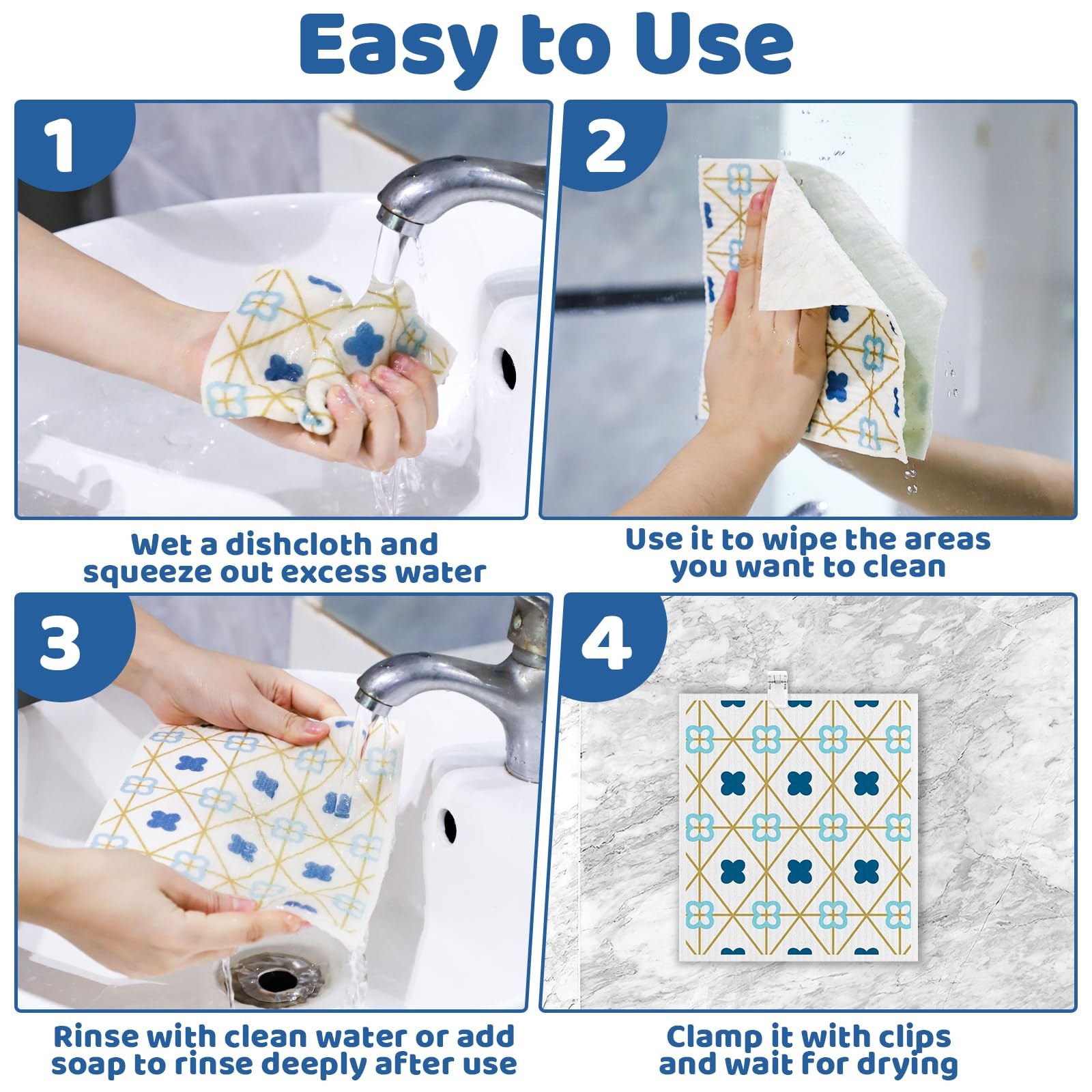 Reusable Washable Absorbent Cellulose Sponge Swedish Dishcloths Clips 6 Pack