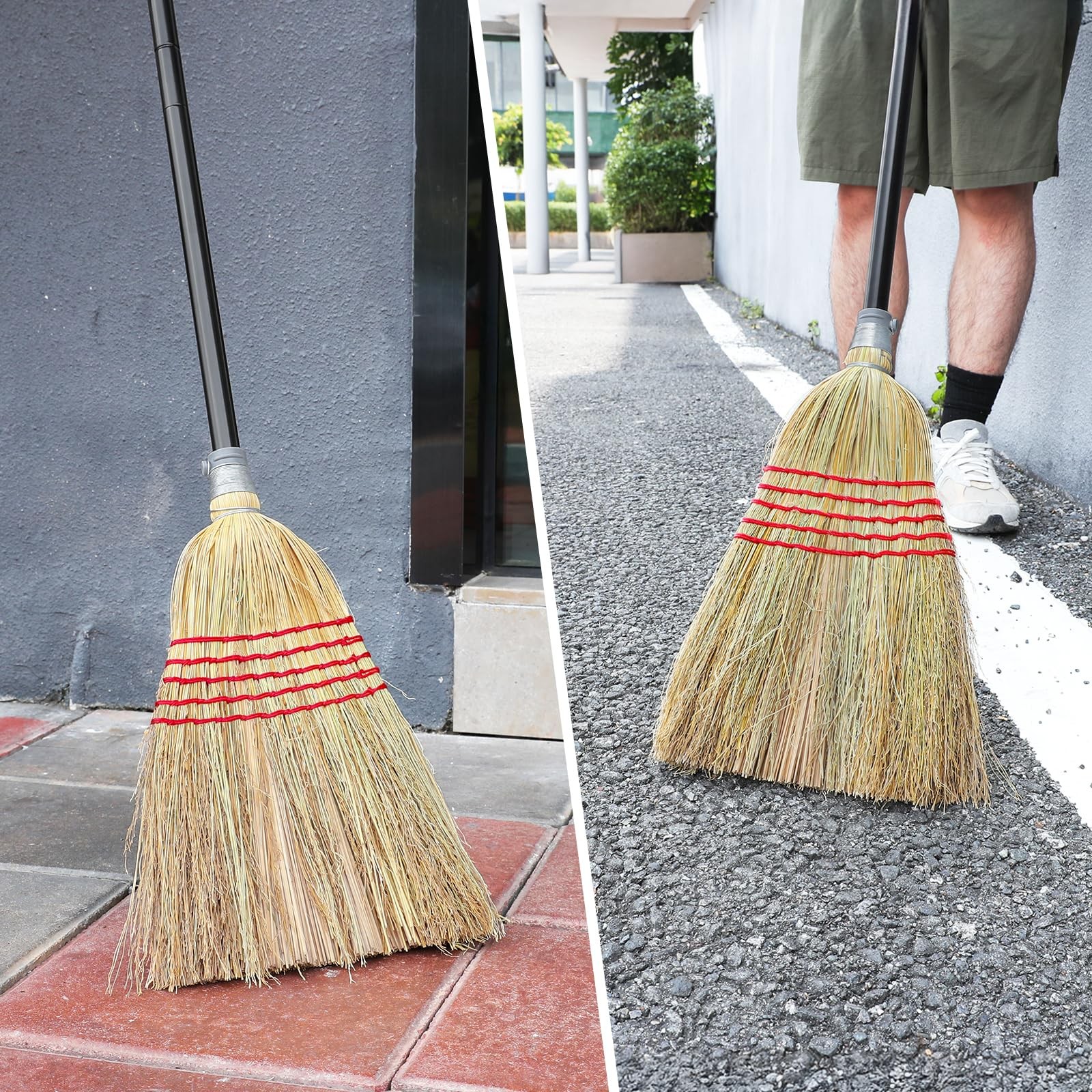 Corn Broom Outdoor, Household Indoor and 59″ total length, Black Red