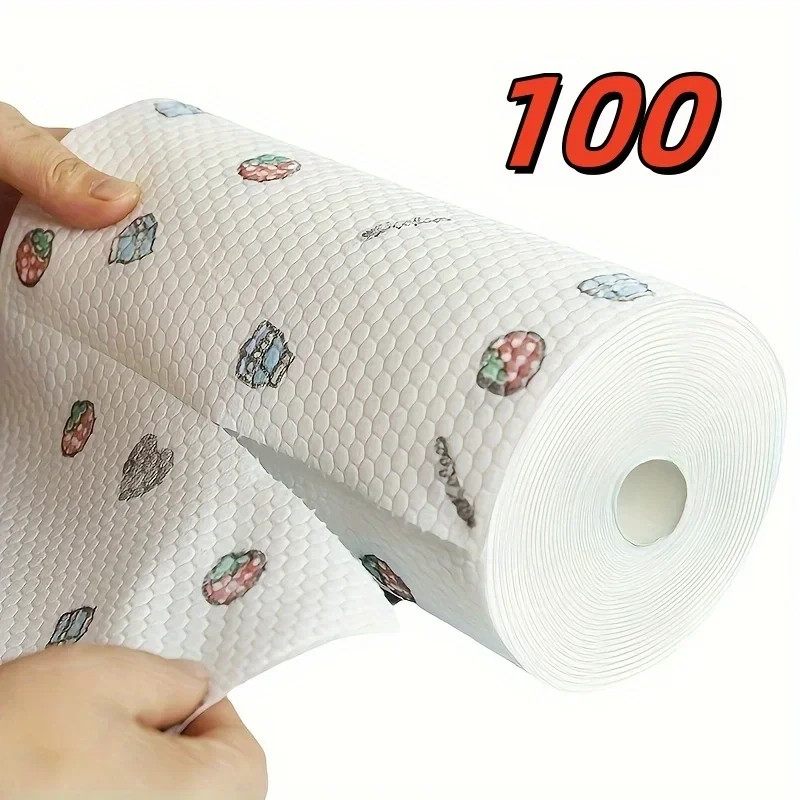 100pcs, 1 roll Dishcloth Absorbent Thickened Kitchen Paper Dry Wet Use Non Greas