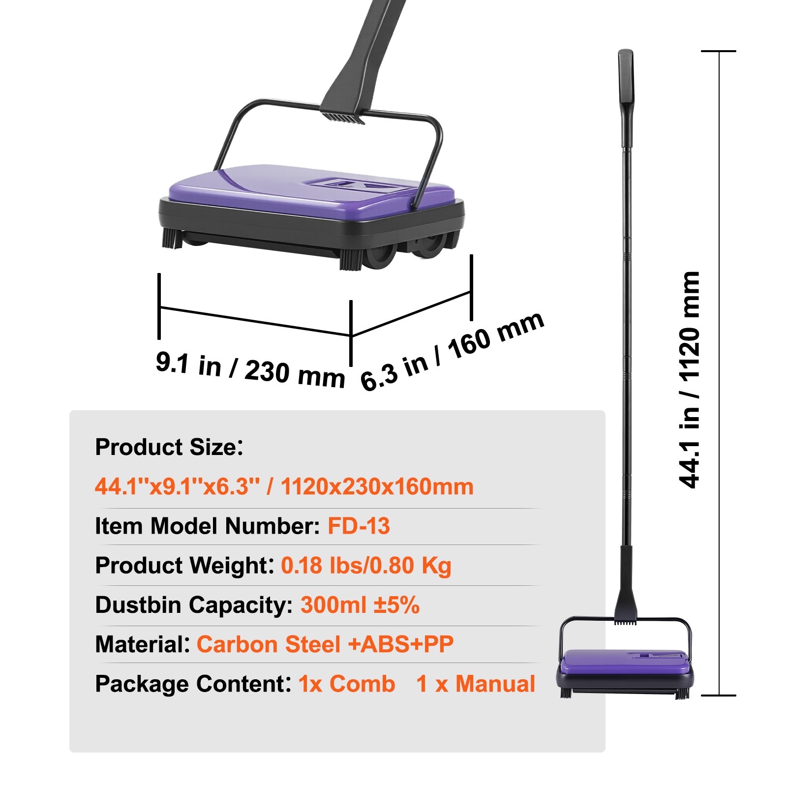 Carpet Floor Sweeper Manual 6.7 inch Width Sweeping Paths Non Electric