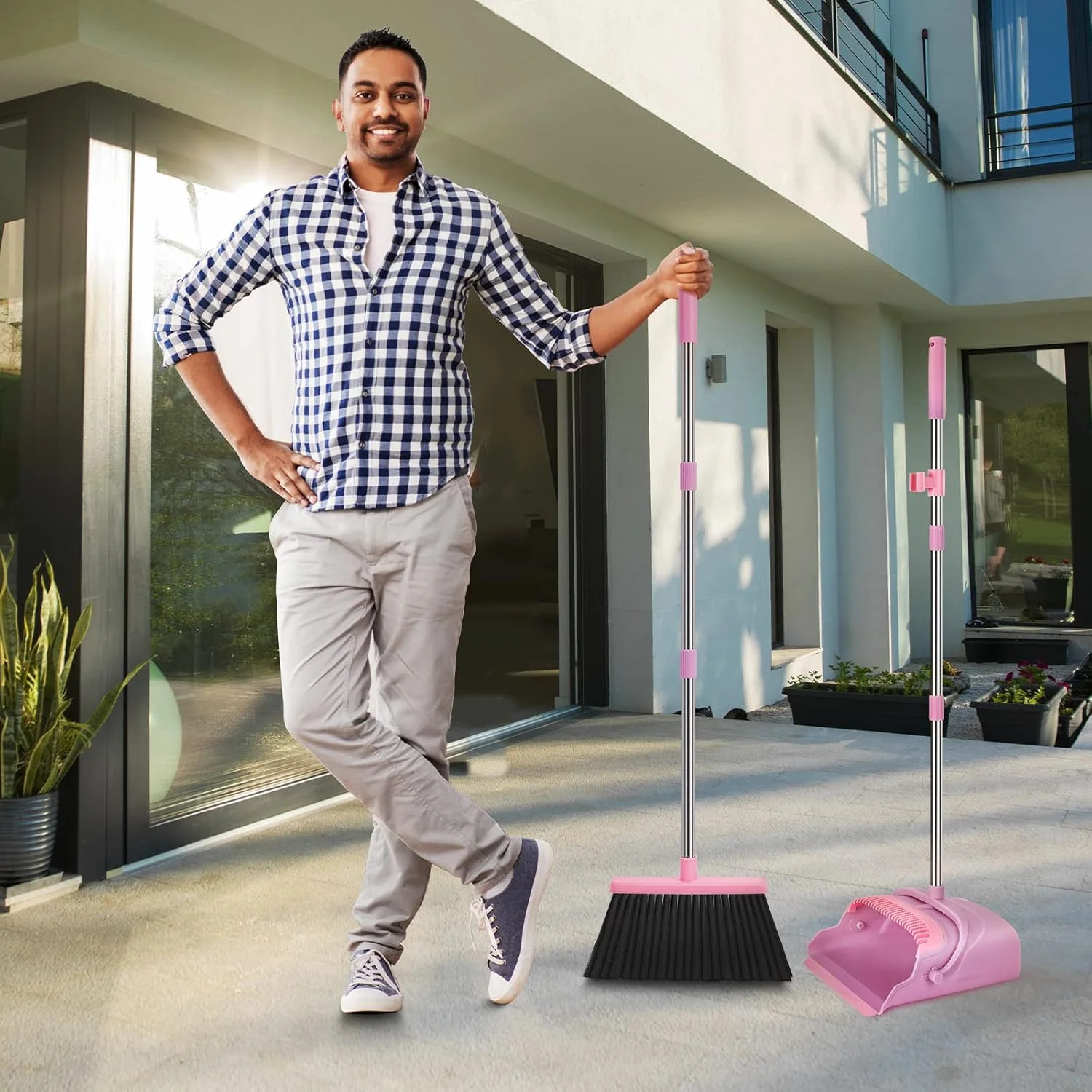 Broom and Dustpan Set for Home, Office, Indoor&Outdoor Sweeping, Stand Up Broom