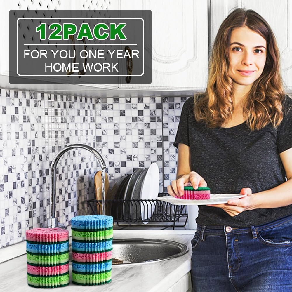 12 Pack Dish Sponges, Dual Sided Scrub Pads, Bathroom Kitchen Cleaner, Green