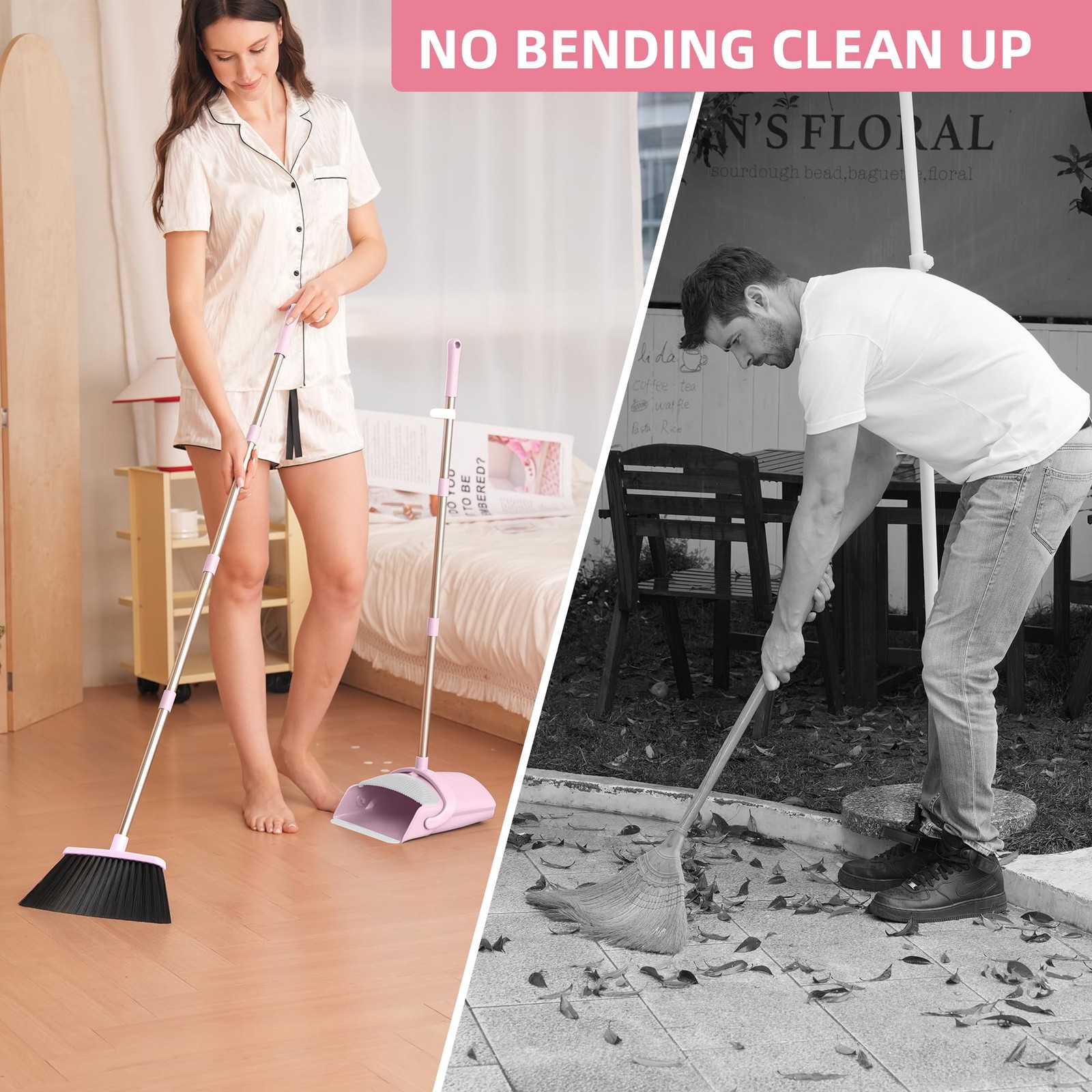 Pink Broom Dustpan Set 52 Inch Handle Combo Household Hand Sweeping Kitchen