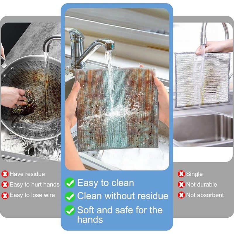 Dual-Sided Dishcloths Microfiber Silver Wire Mesh Non-Scratch Cleaning 10pcs New