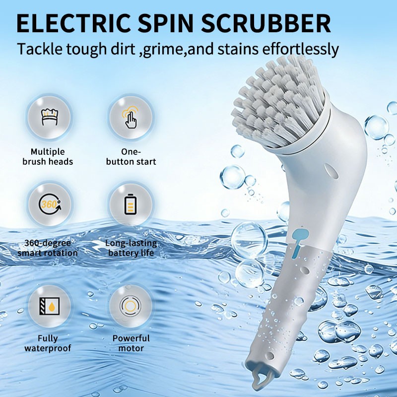 Electric Spin Scrubber Cordless 5 Heads for Bathroom Kitchen Tile Car White US