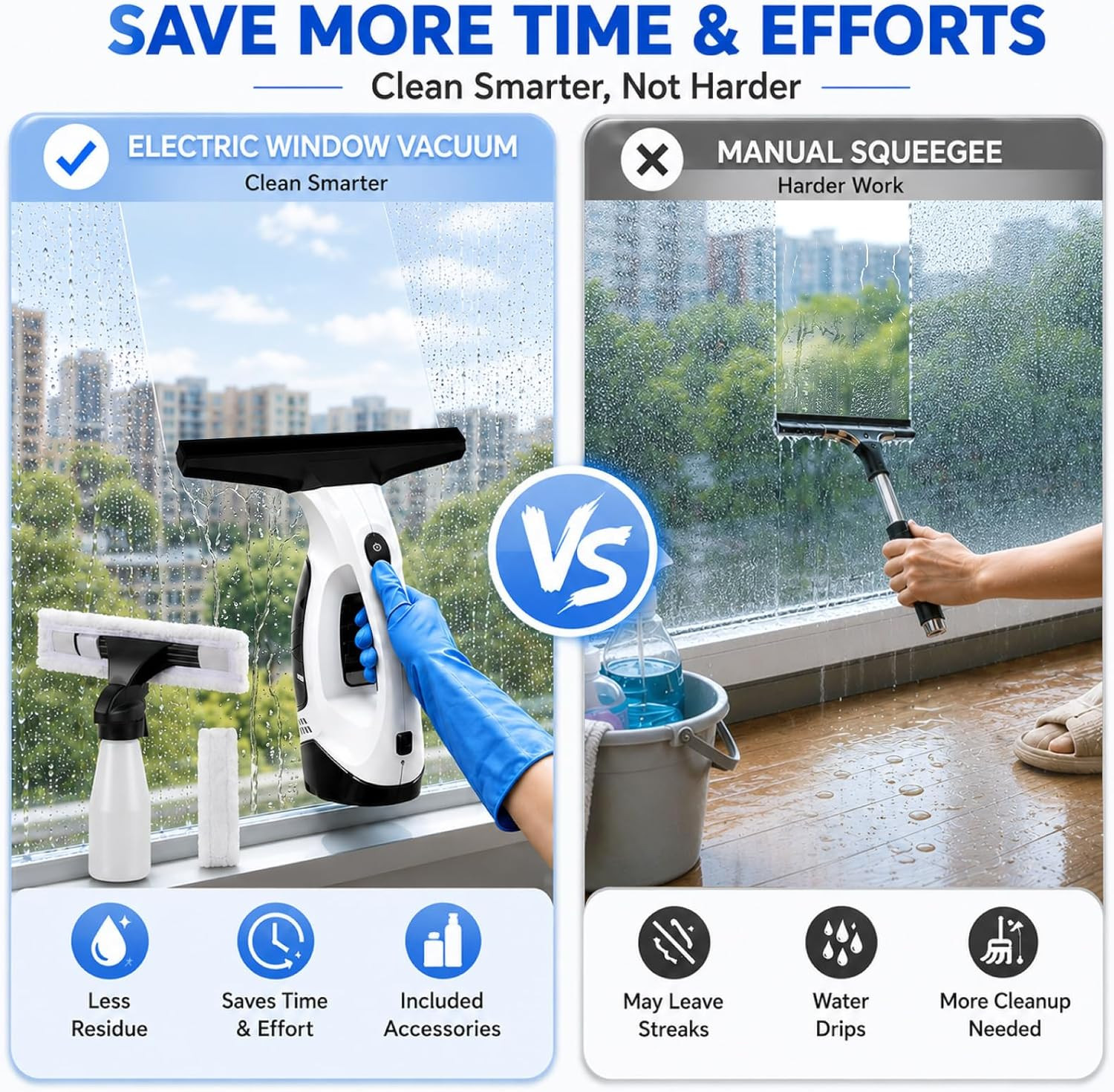 Window Vacuum Squeegee Cordless, Electric Window Cleaner Squeegee with 2000Pa Su