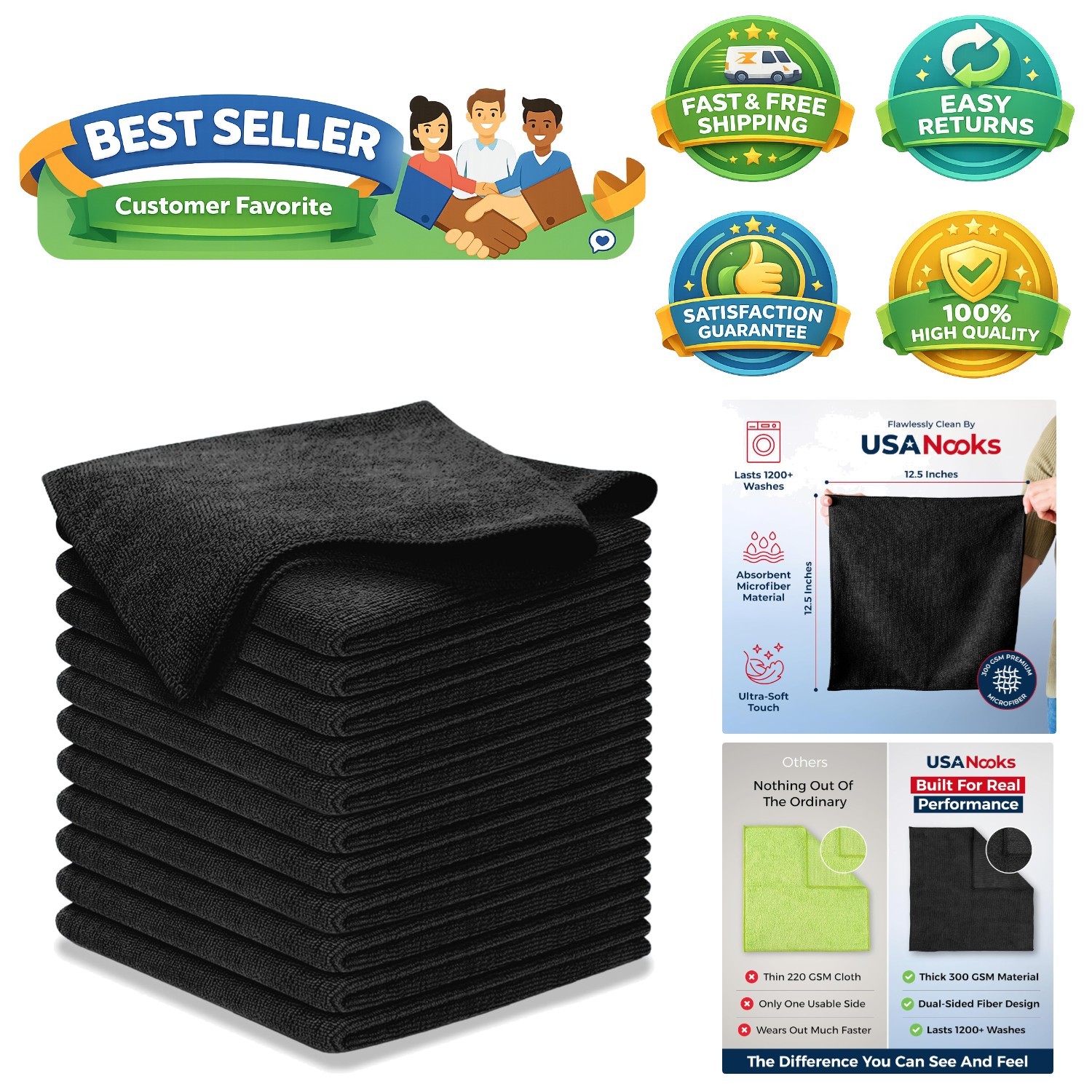 Grip Root Weave 12-Pack Microfiber Cleaning Cloths – 300GSM, 1200 Washes, 12.5″