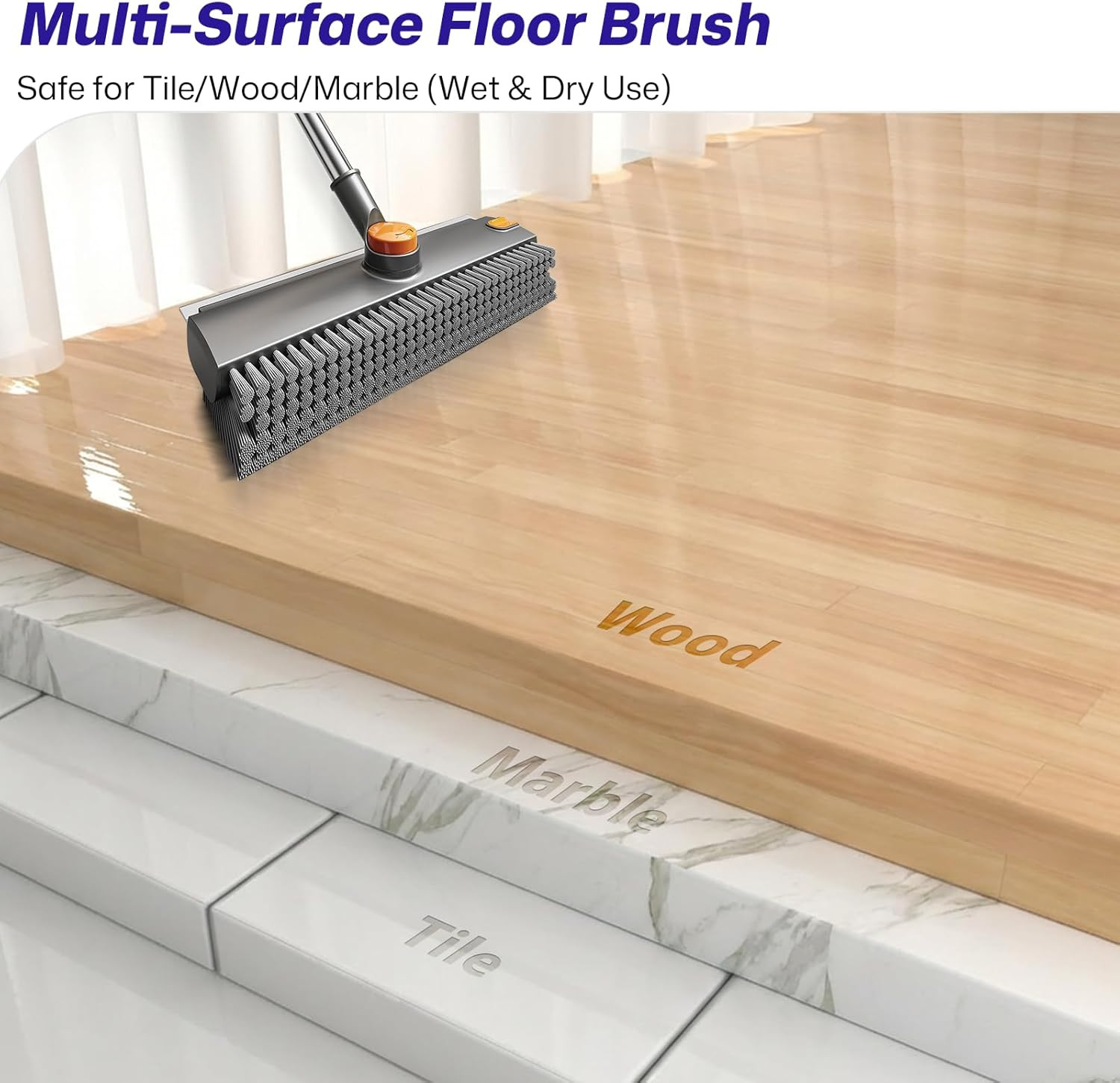 3-in-1 Floor Scrub Brush with Long Handle, Scrape and Heavy-Duty Stiff Bristle F