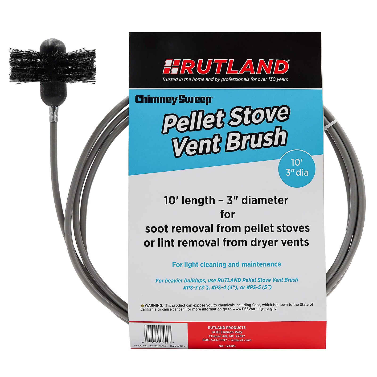 Rutland 3-Inch Pellet Stove/Dryer Vent Brush with 10-Feet Handle 3-inch, Black