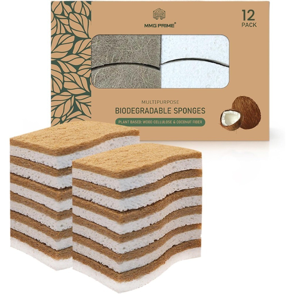 Natural Kitchen Sponge –12-Pack Biodegradable Sponges for Dishes –Compostable