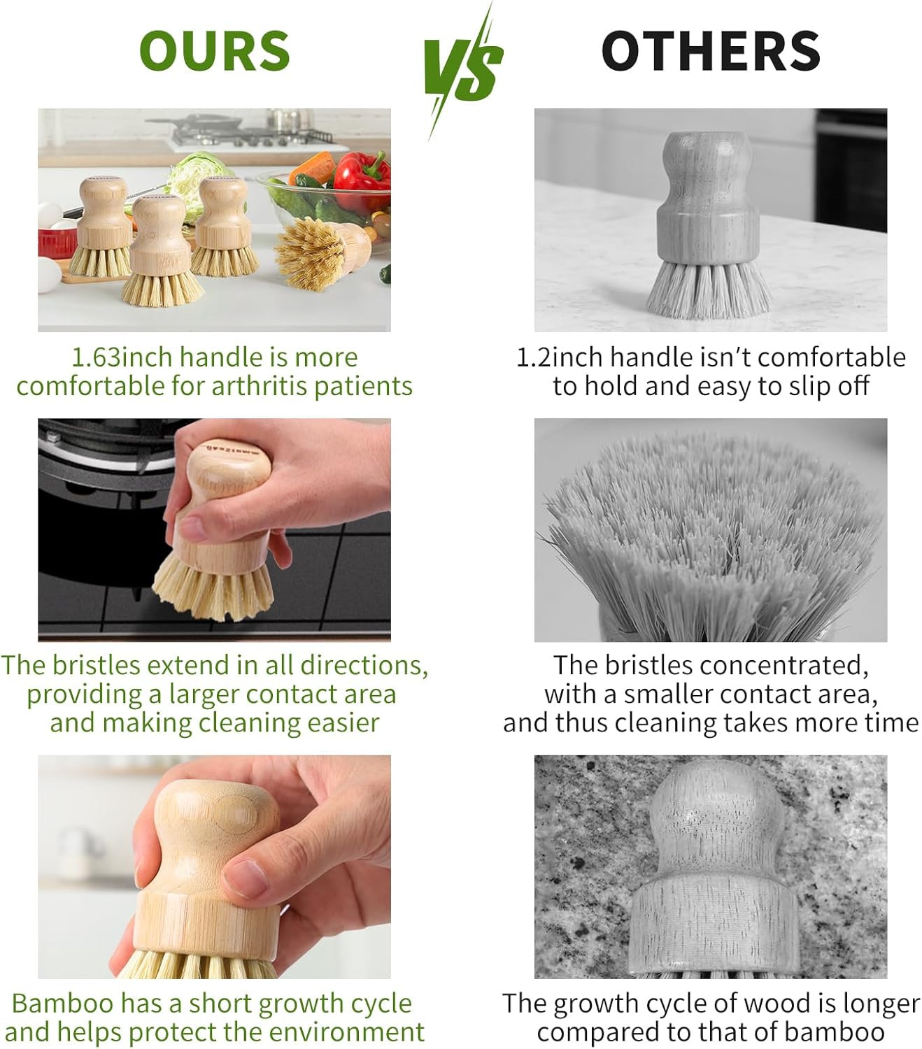 4 Pack Bamboo Dish Brush Natural Sisal Scrub Brush for Dishes Pots Pans Cookware