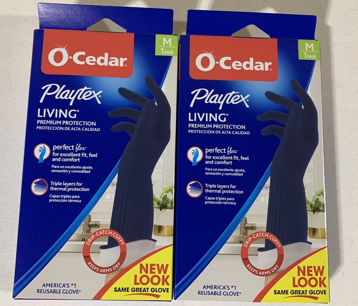 2 New Pair Medium Gloves – O-Cedar Playtex Living PREMIUM Protection – Drip Cuff