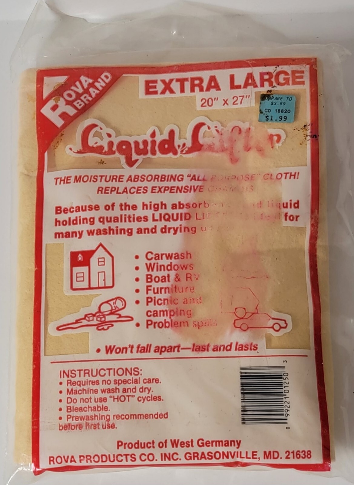 ROVA BRAND Car Drying Towel Absorbent SHAMMY WEST GERMANY (RARE FIND) NOS VTG