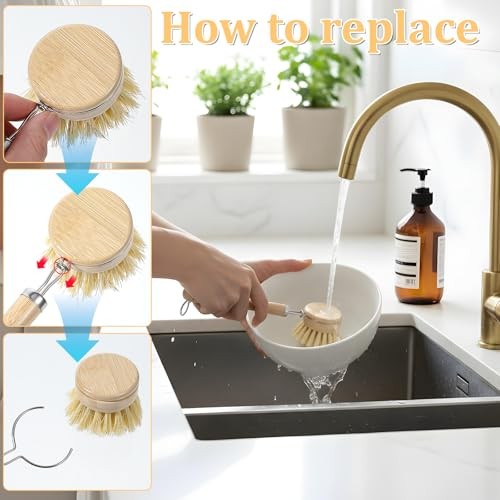 9 Pcs Bamboo Dish Brush Set Wooden with Sisal and Palm Fiber