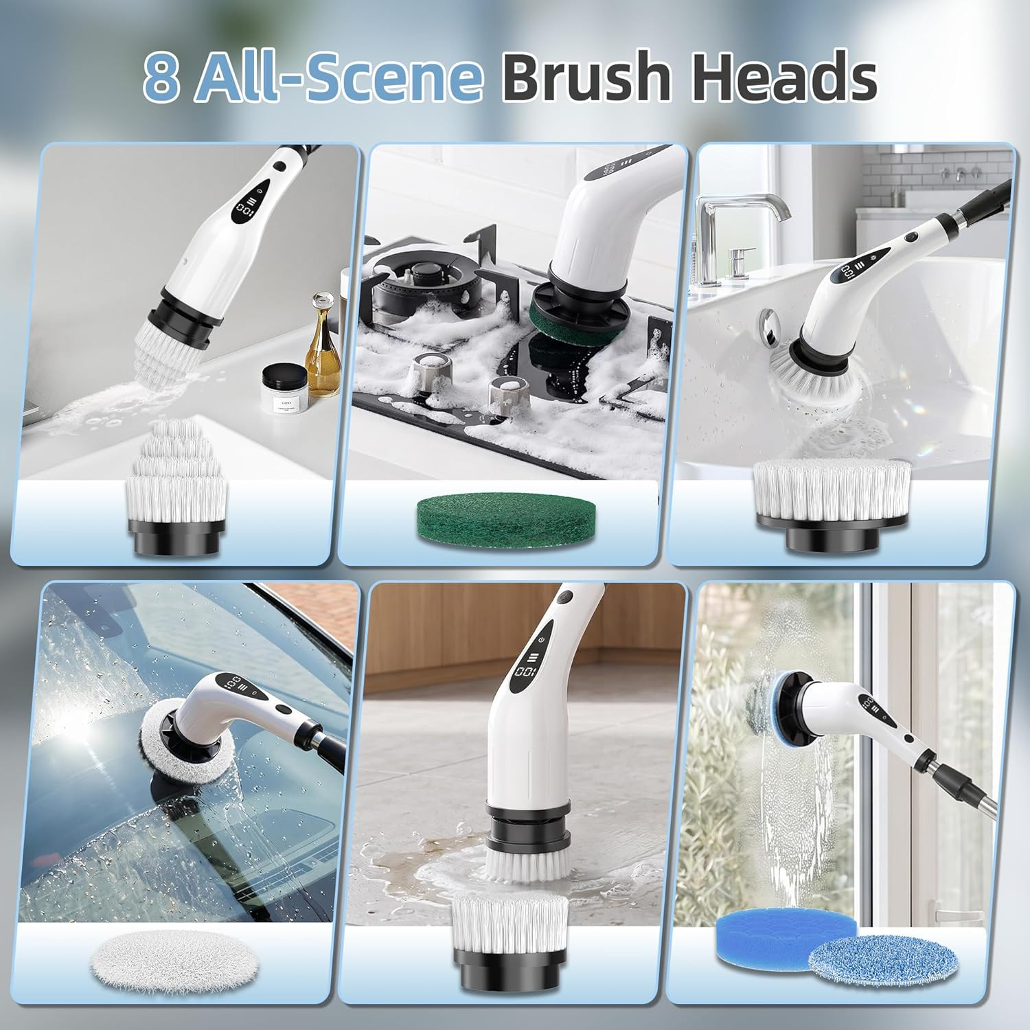 Electric Spin Scrubber, 3-Speed Flat End Brush with 8 Brush Heads & Base, IPX7 W
