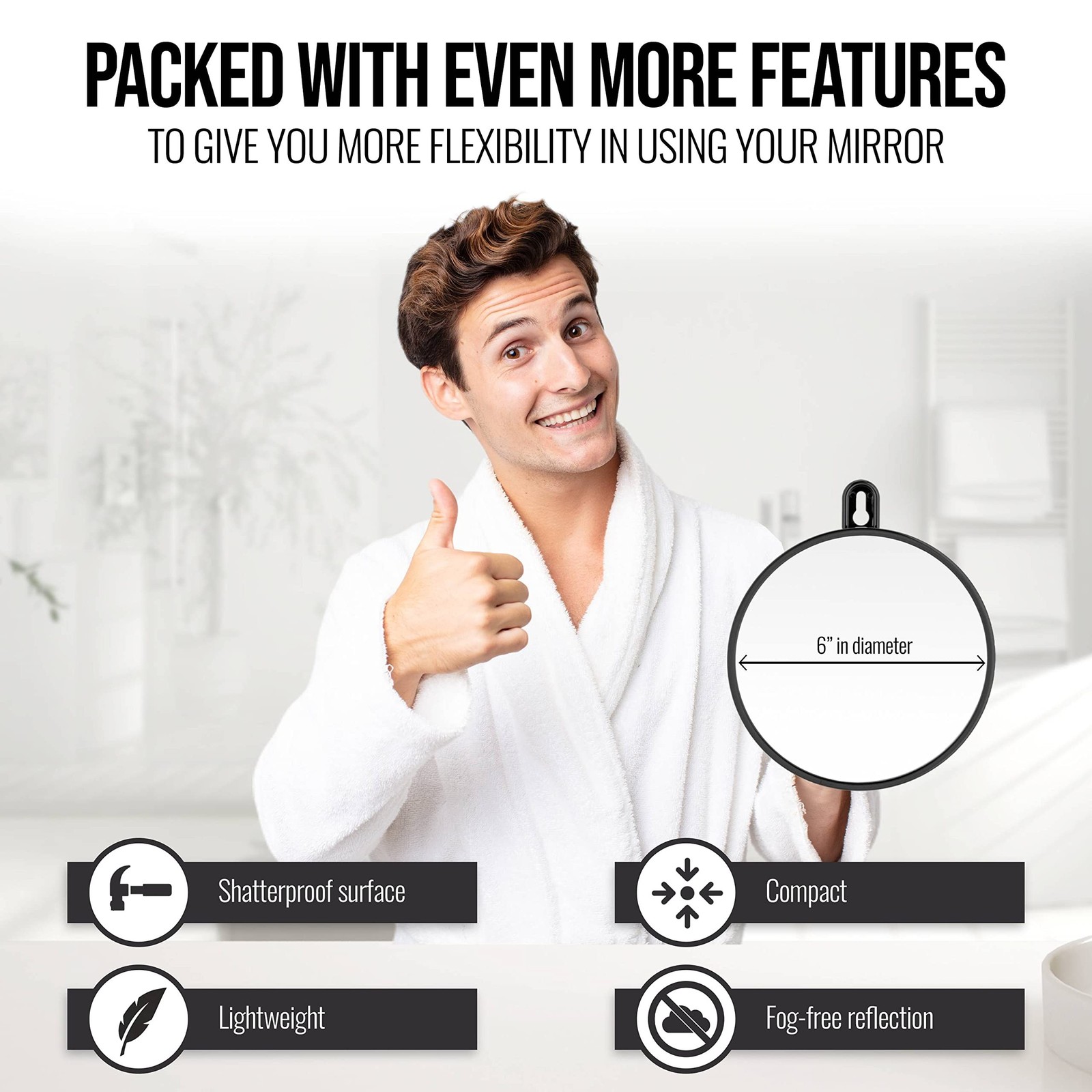 MIRRORVANA Small Shower Mirror for Shaving with 3 Attachment Options: Hook, S…