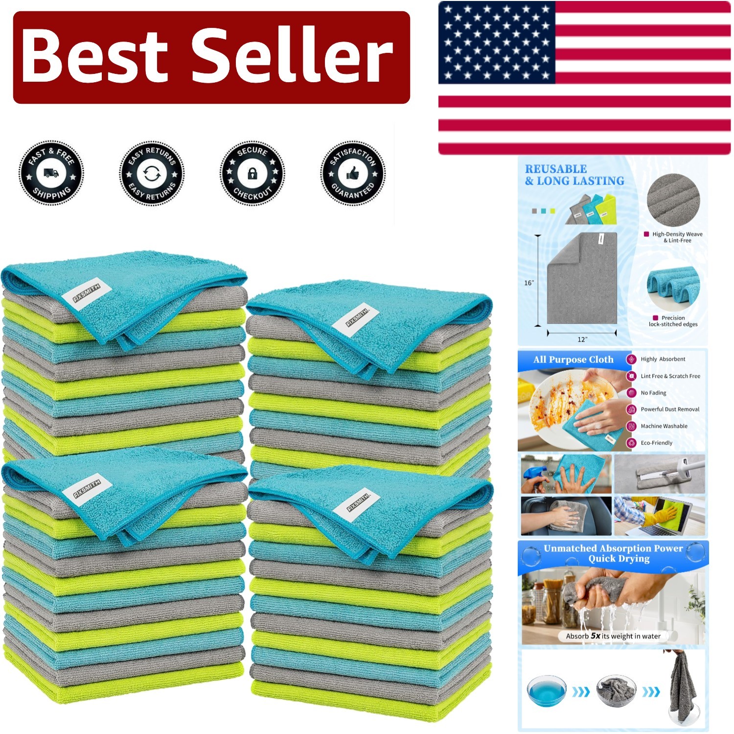 Ultra-Soft Microfiber Cleaning Towels – 48 Pack, Super Absorbent, Scratch Free