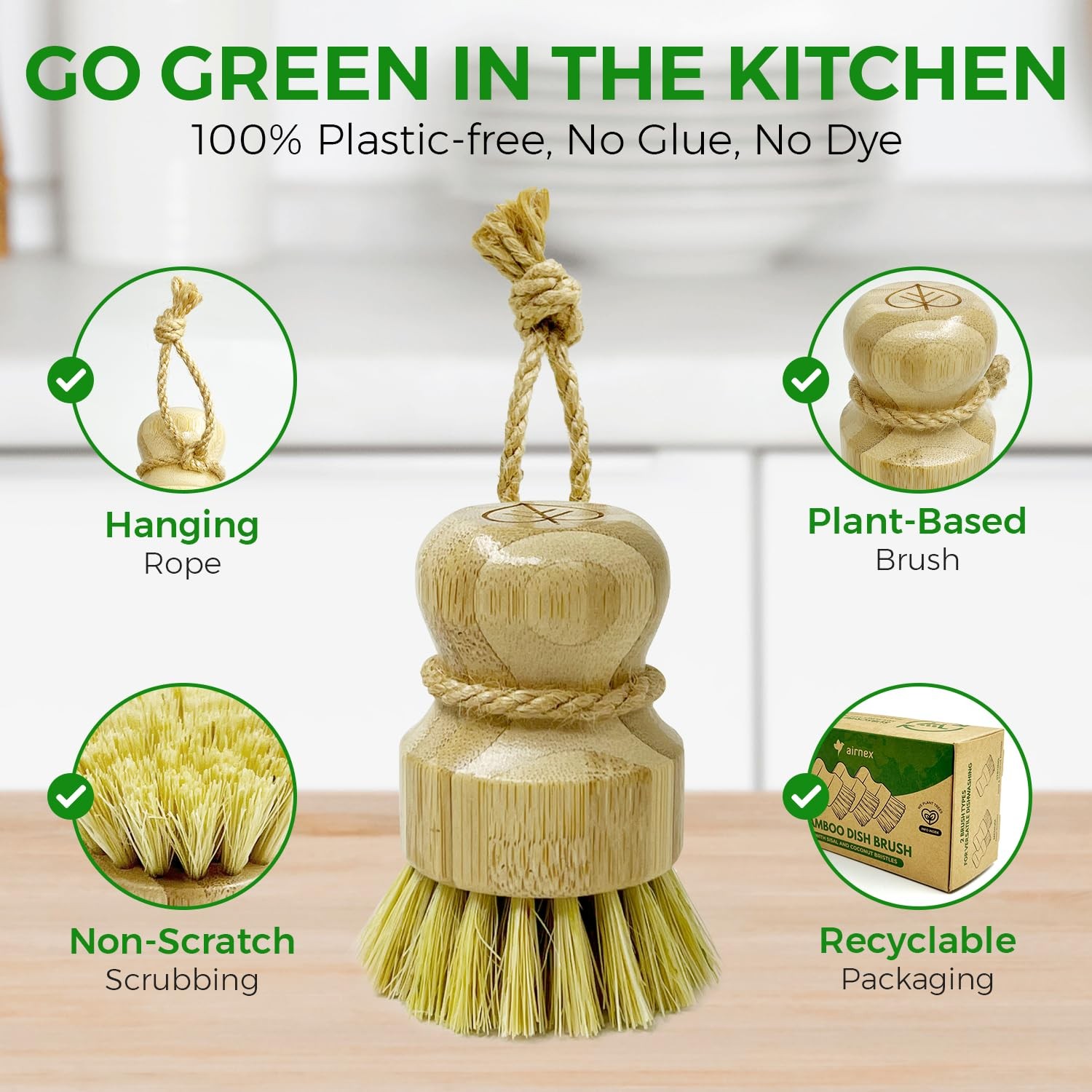 AIRNEX Bamboo Dish Brush Set of 3 – Natural Wooden 3 Pack,