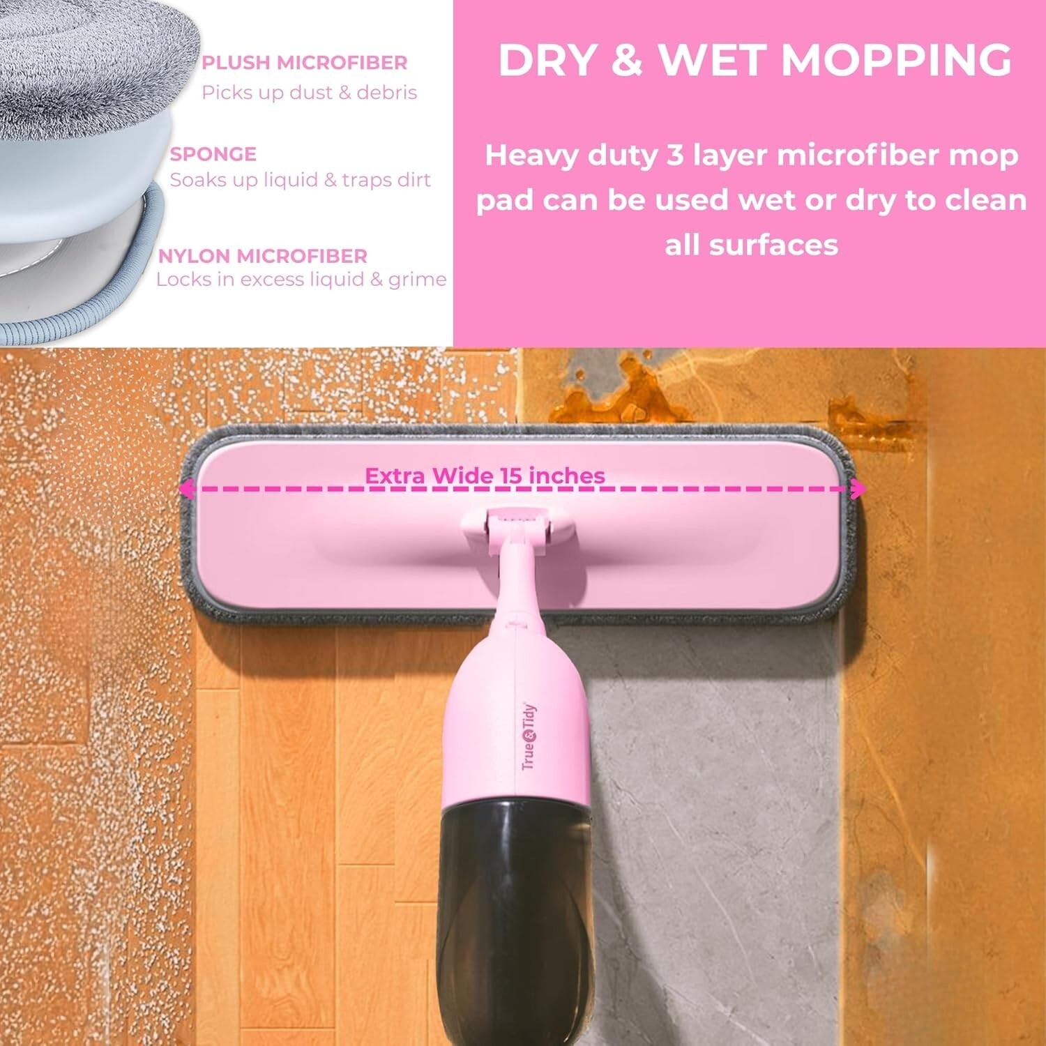True & Tidy 360 Spray Mop with 3 Interchangeable heads, Pink