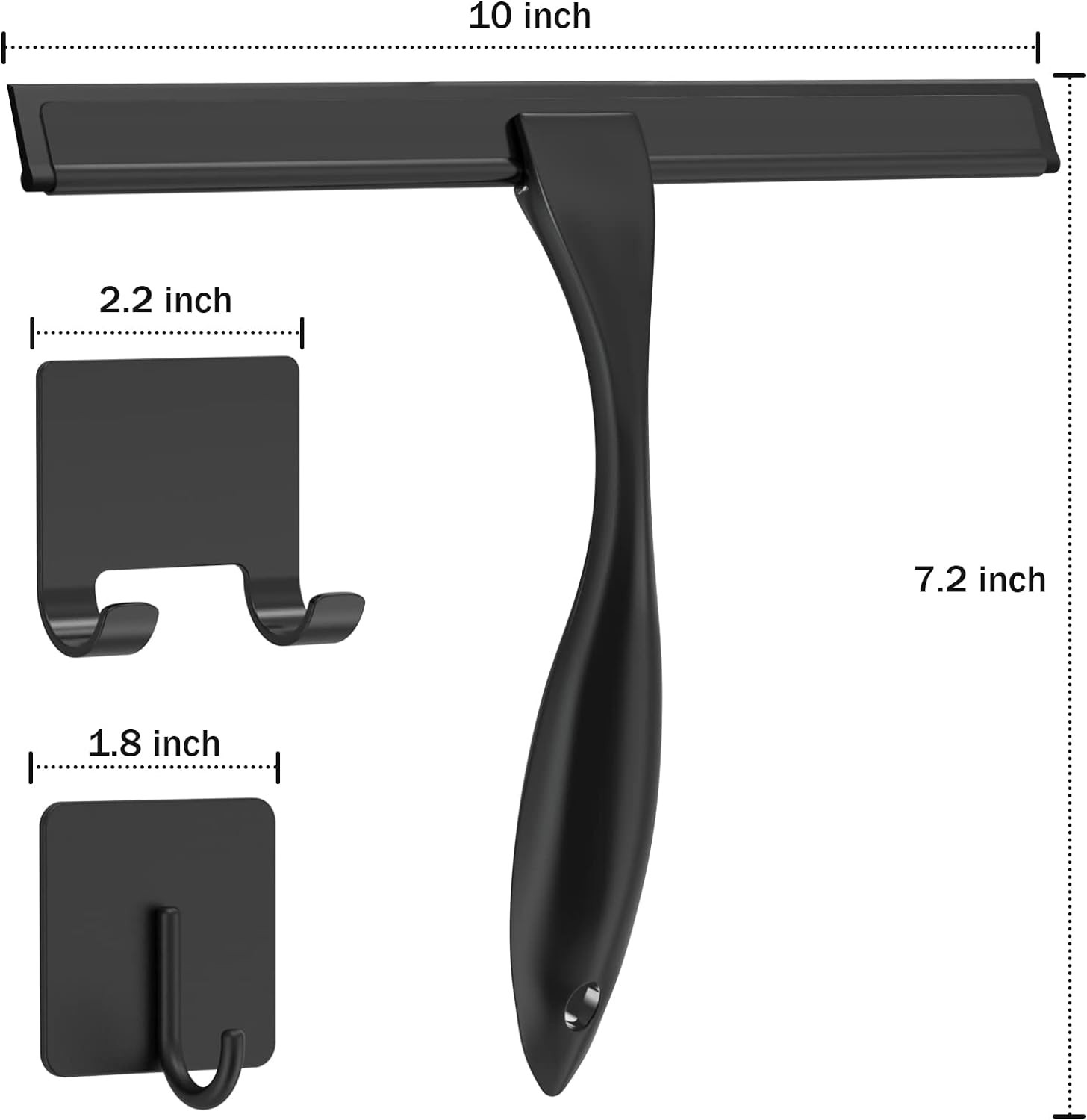 10 Inch Black Stainless Steel Shower Squeegee With 2 Adhesive Hooks