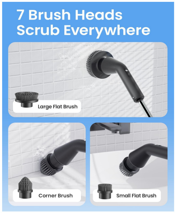 Electric Spin Scrubber, Cordless Bathroom Brush, 7 Heads, Long Handle, 2 Speeds