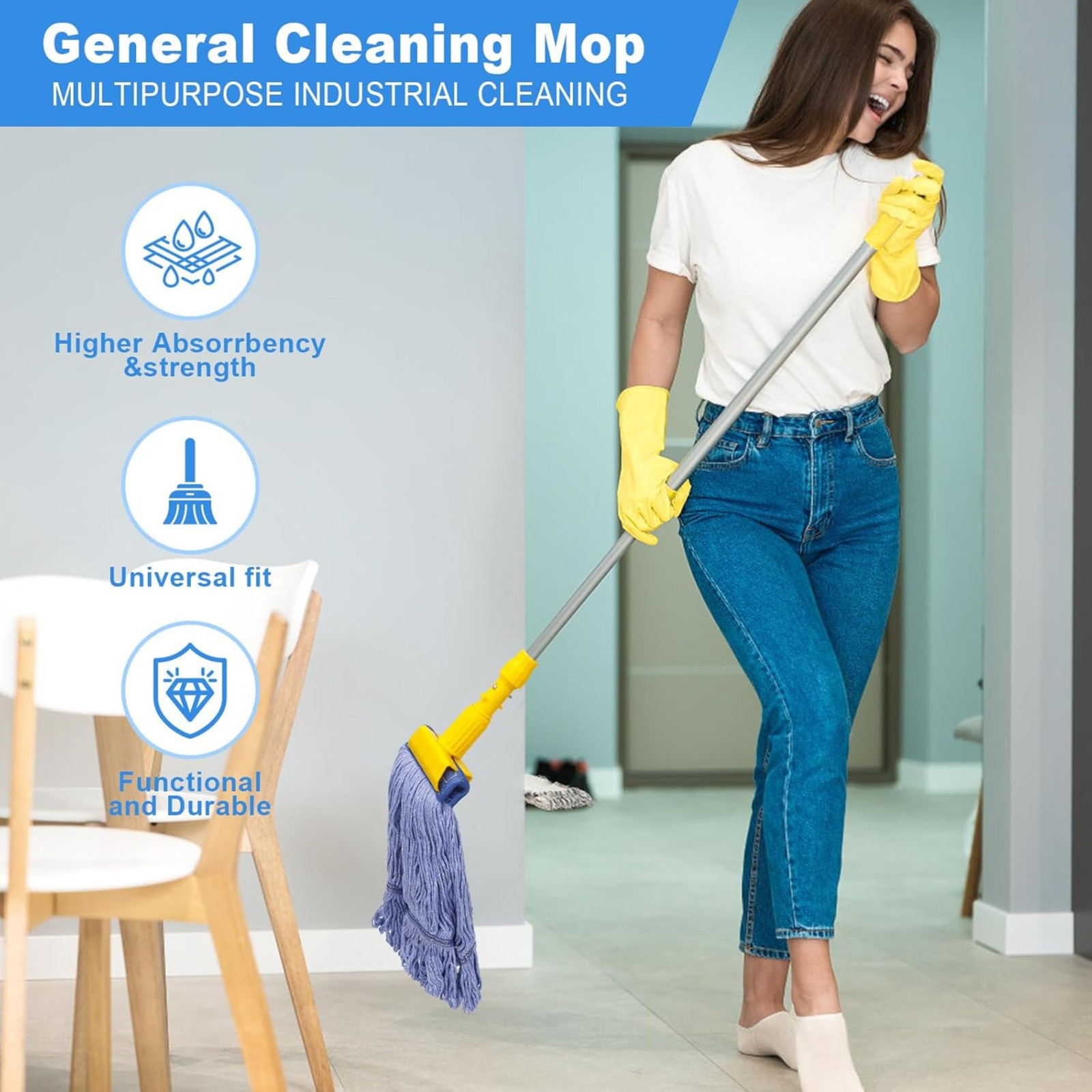 2 Pack Mop Head Replacement, Heavy Duty Commercial Blue Cotton Mop