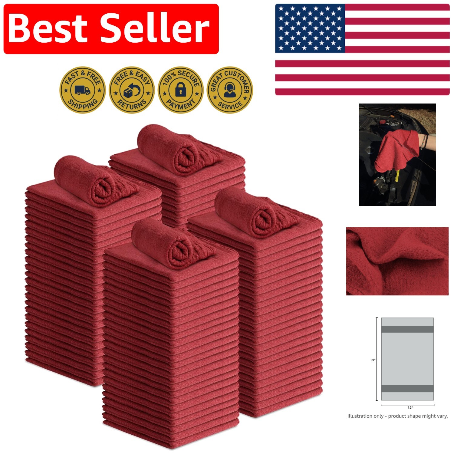 100 Eco-Friendly 12×14 Inch Cotton Shop Rags – Versatile Red Cleaning Towels