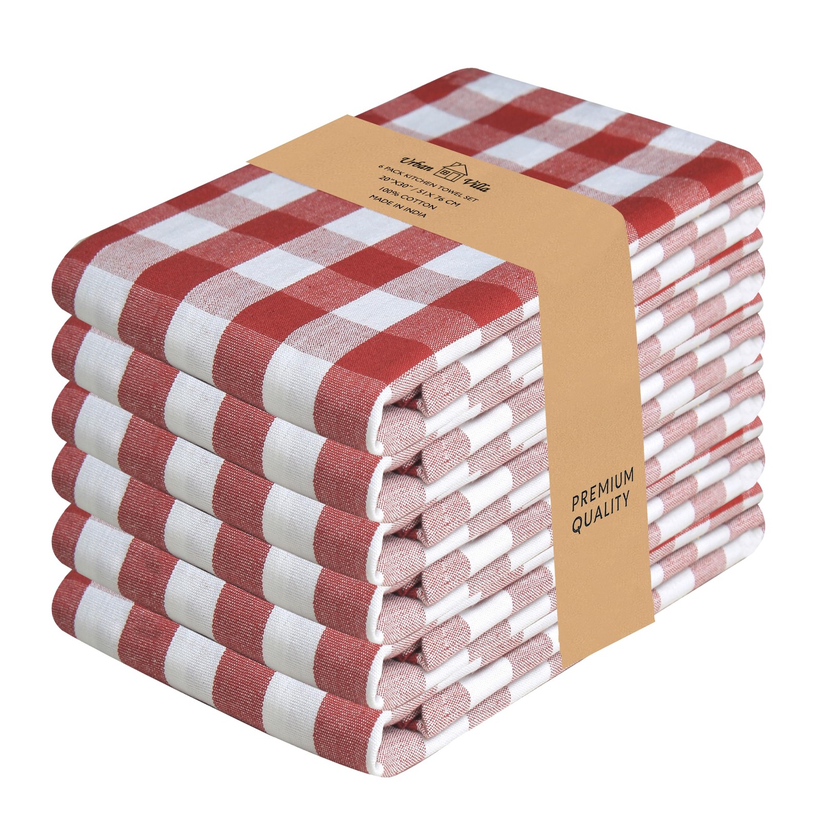6 Pack Kitchen Towels Buffalo Checks Rust 20×30 Inch 100 Cotton Absorbent
