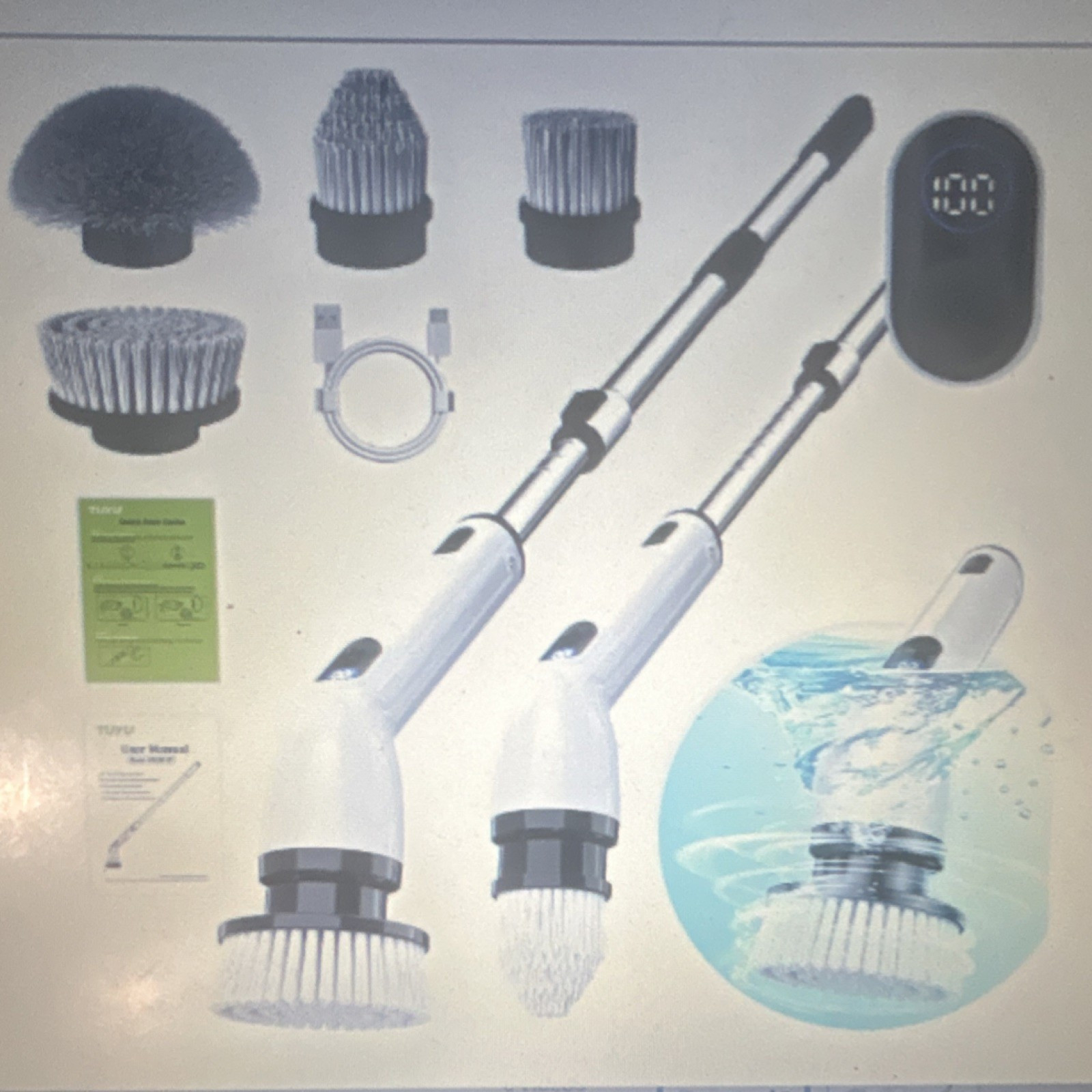 TURPY Electric Spin Scrubber Rechargeable Waterproof Extendable Handle 4 Heads