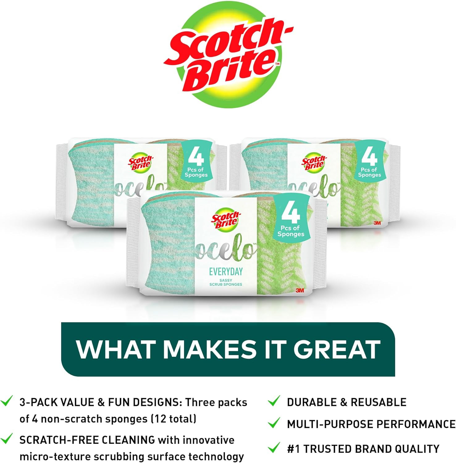 Scotch-Brite Ocelo Non-Scratch Scrub Sponges, Assorted Designs, Scratch-Free for