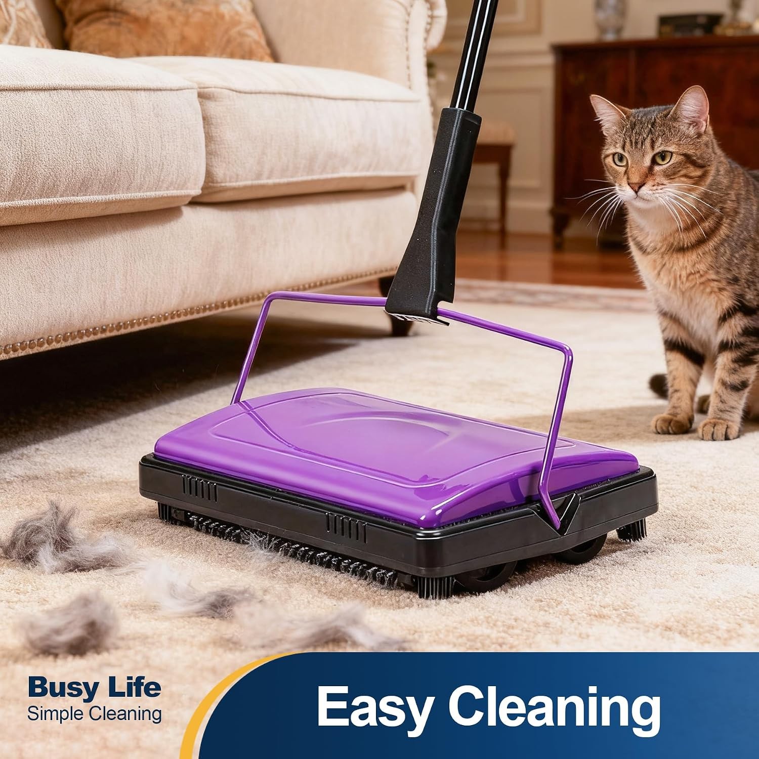 Yocada Carpet Sweeper for Low Carpets, Rugs, Pet Hair, Dust, Hand-Operated