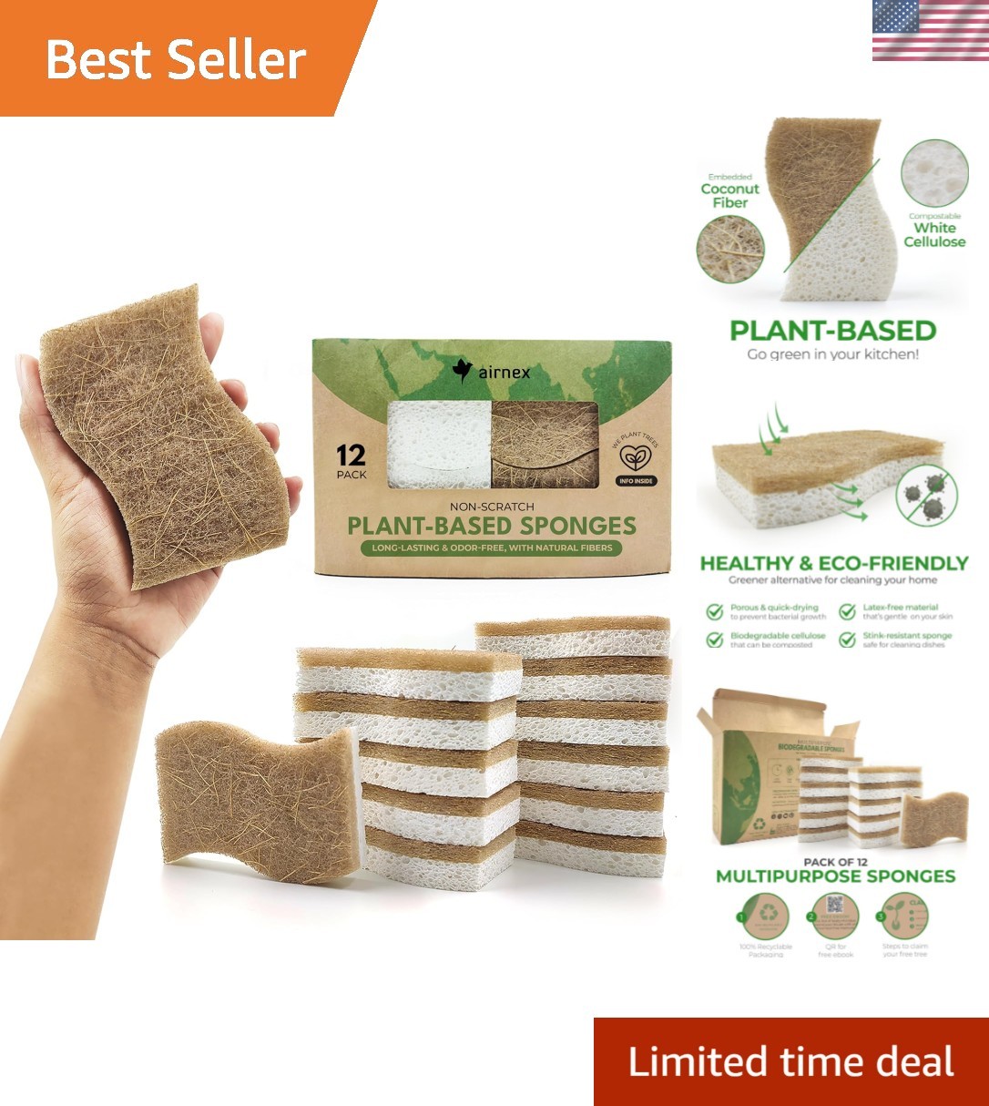 Biodegradable Natural Kitchen Sponge – Compostable Cellulose and Coconut Waln…