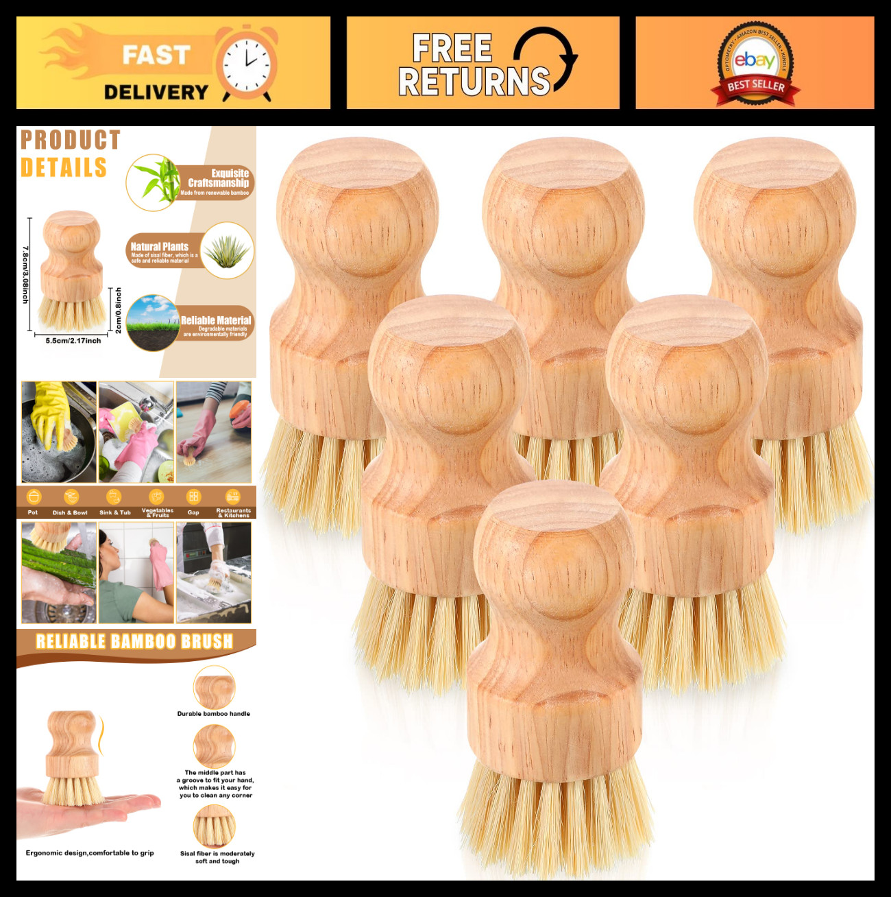 100 Bamboo Dish Scrub Brushes Set – Natural Sisal Bristles for Kitchen Cleaning