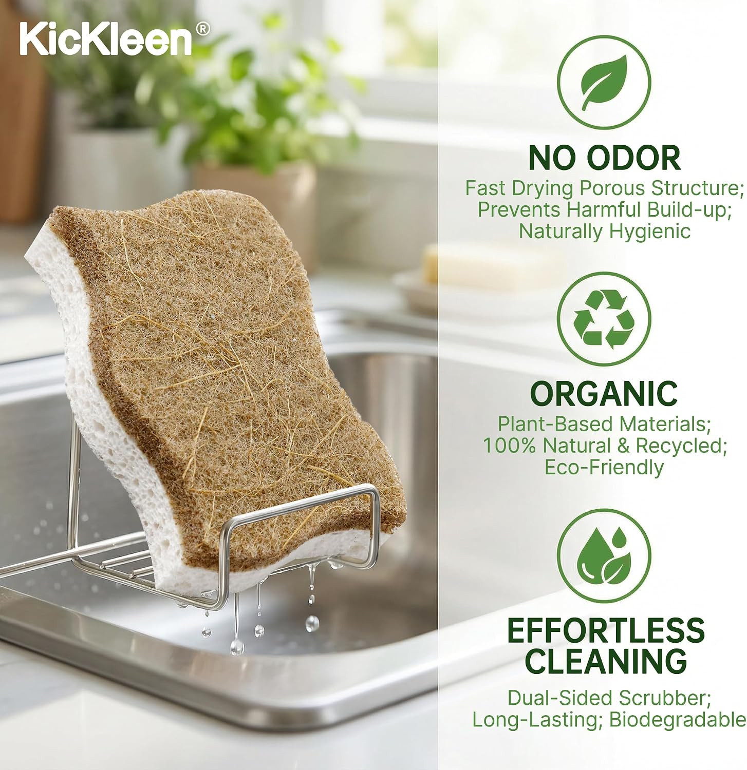 9 Pack Kickleen Biodegradable Natural Kitchen Sponges – Compostable Cellulose