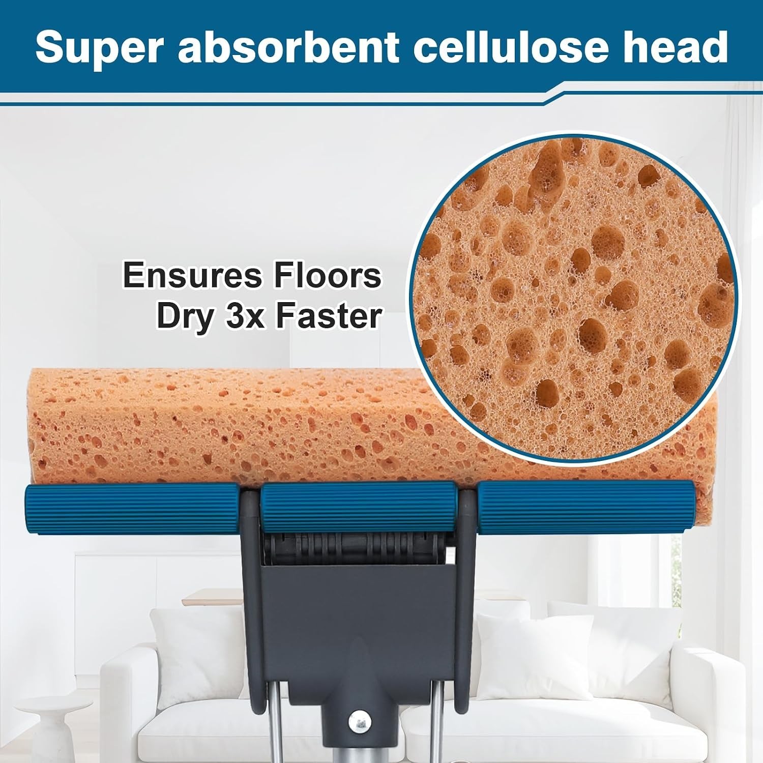 Sponge Mop for Floor Cleaning, 50″ Heavy Duty Roller Mop with 4 Cellulose Ref…