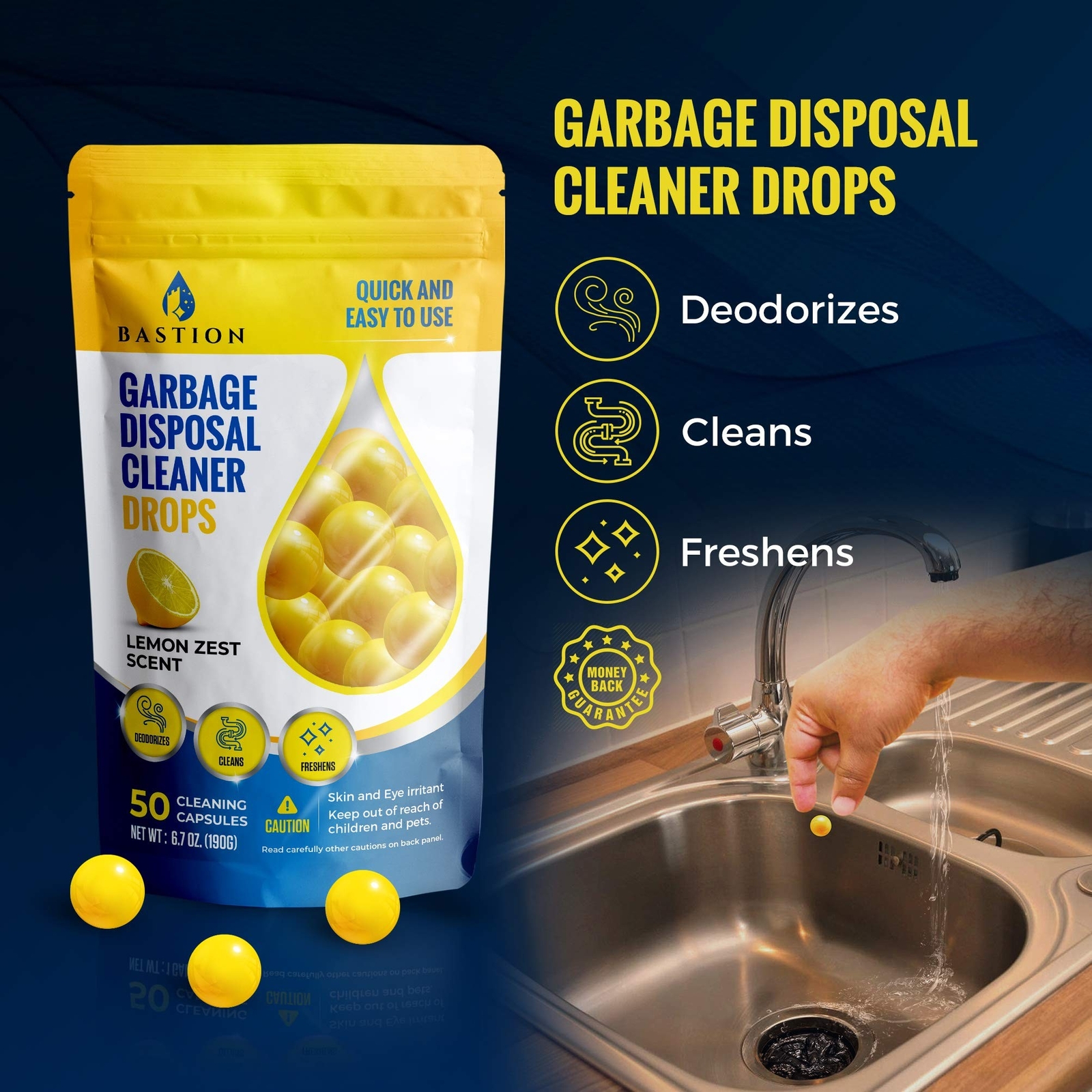 Bastion Garbage Disposal Cleaner and Deodorizer Drops- [[50-Count]] Lemon Zes…