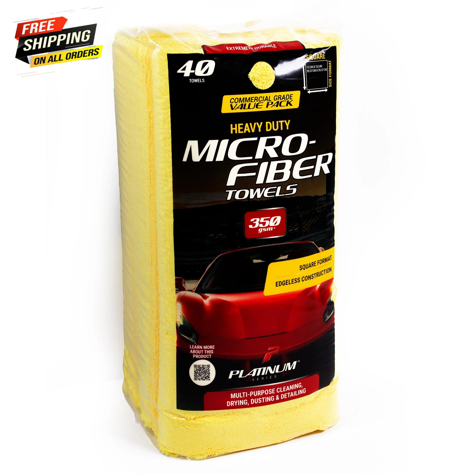 (2 Pack) Heavy Duty Multi-Purpose Microfiber Detailing Towel, 40 Pack, Yellow